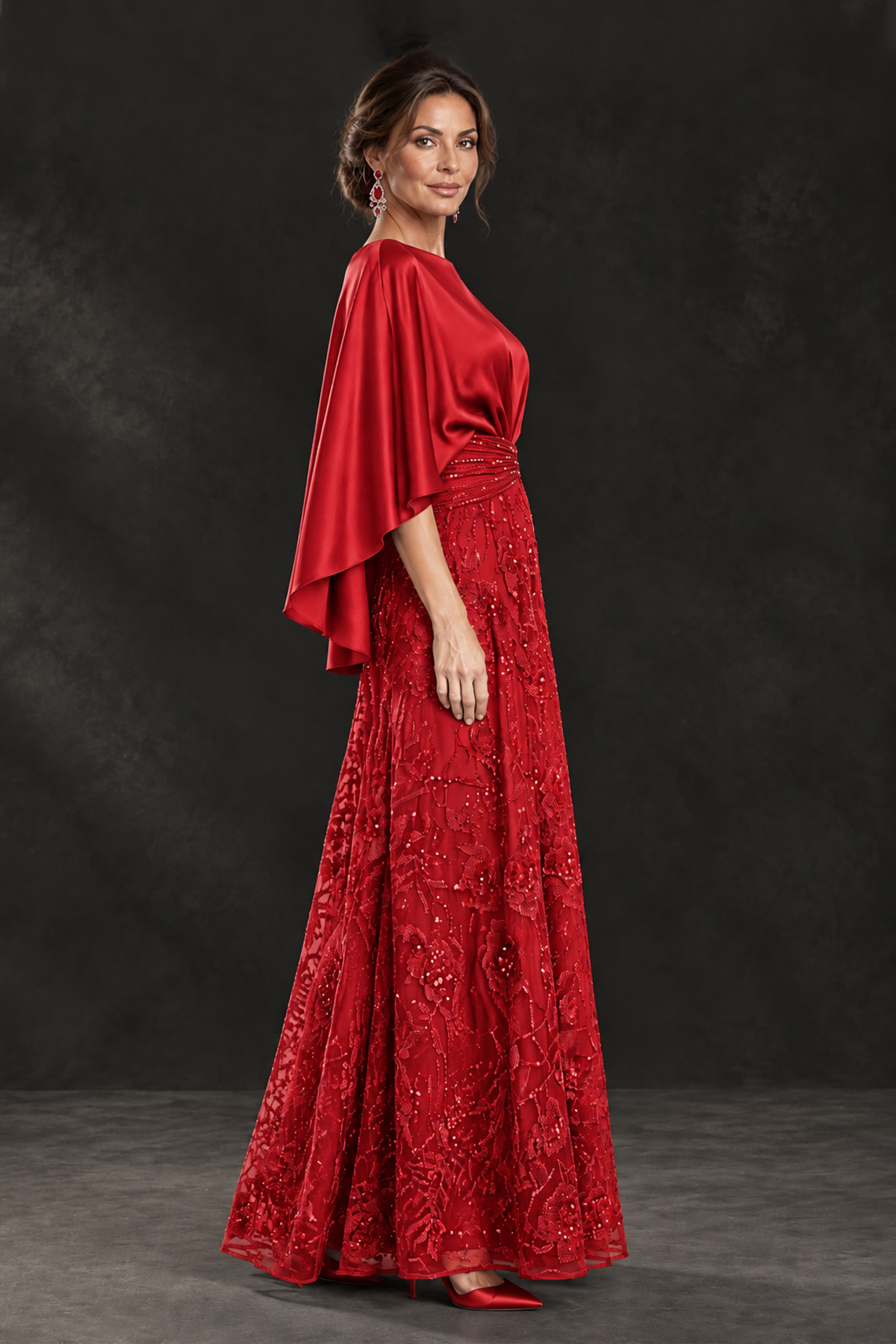 BOLODOO Red Cape Sleeve Floral Mother of the Bride Dress - Red - Red_3