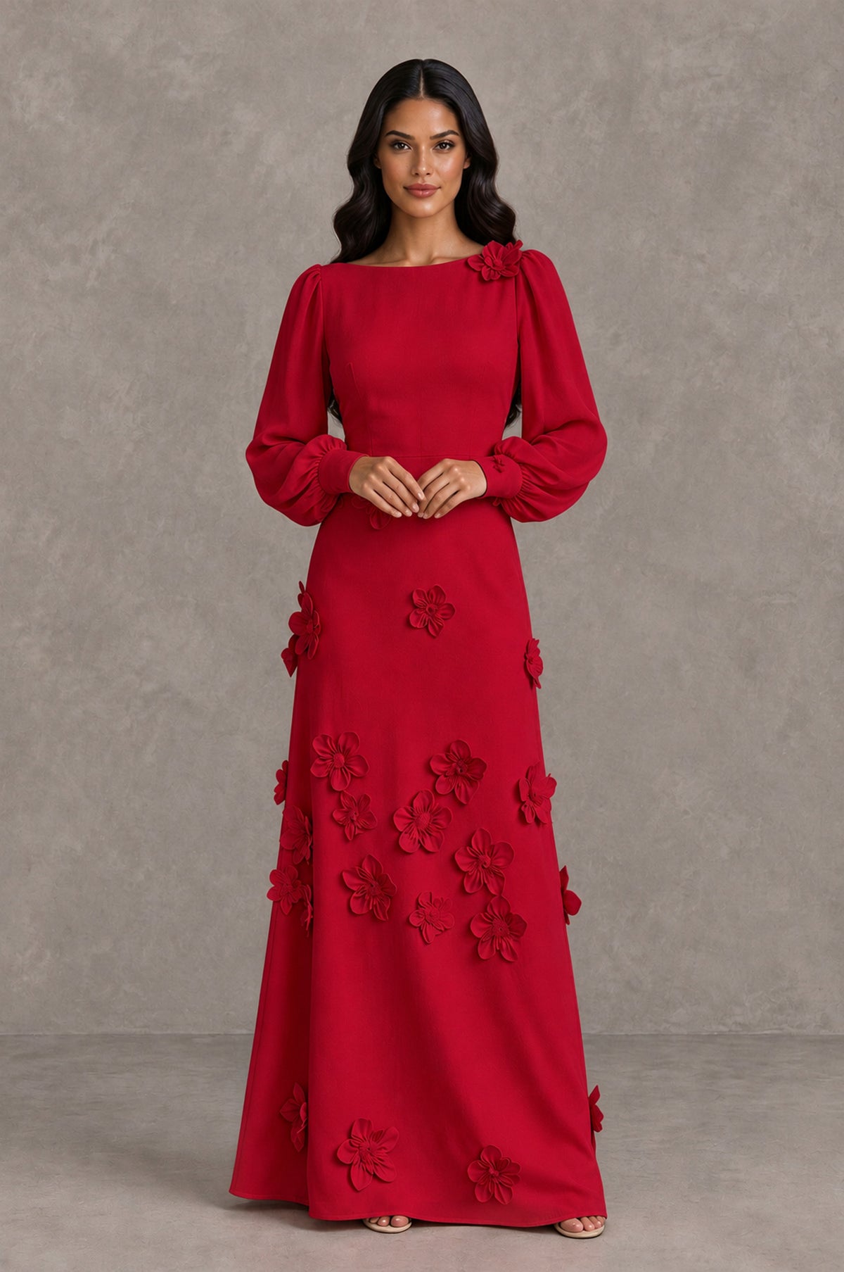 BOLODOO Red Long Sleeve Floral Applique A-Line Evening Dress - Red - Red_3