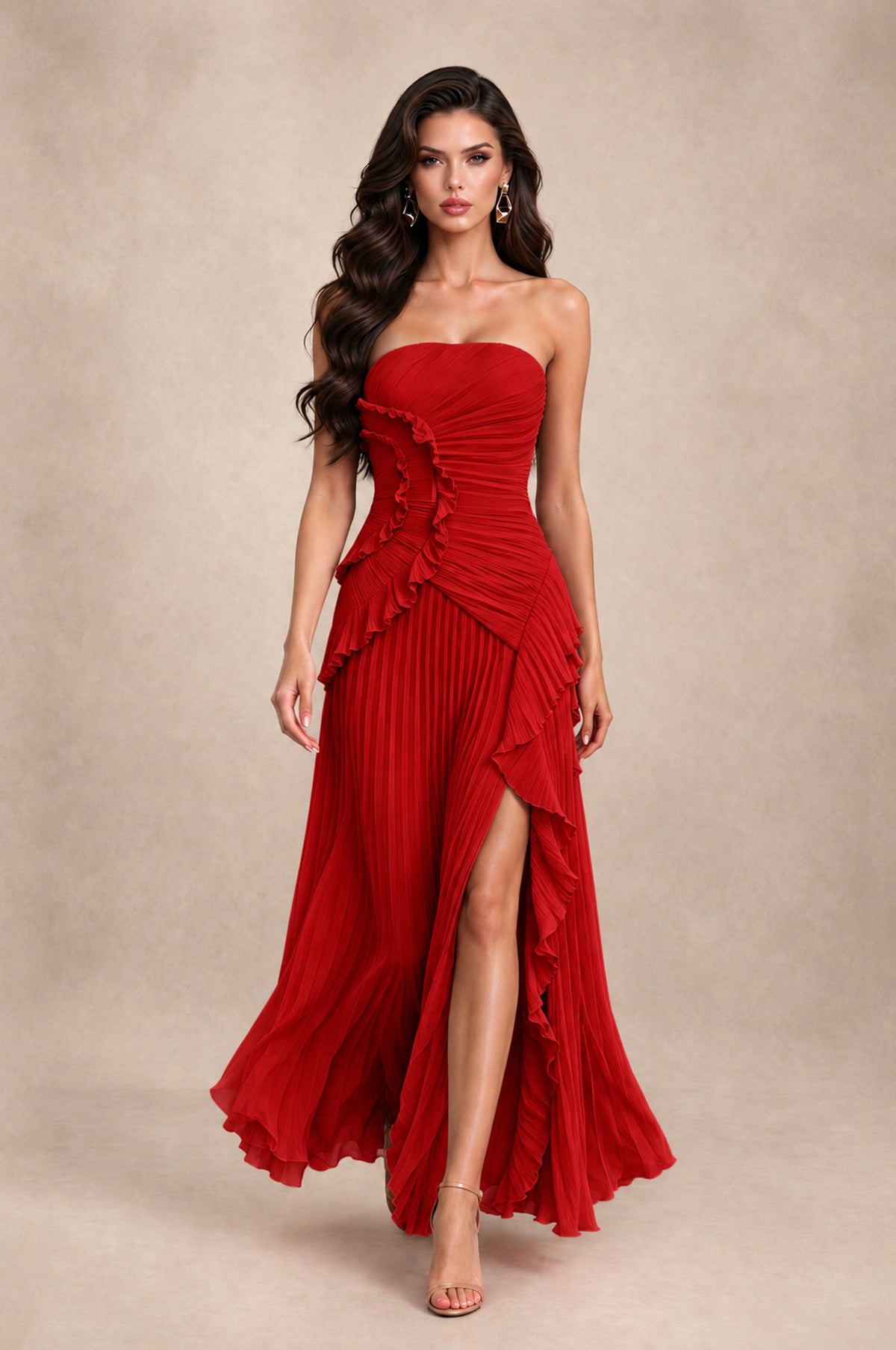 BOLODOO Red Strapless Ruffle Pleated Slit Evening Gown - Red - Red_3