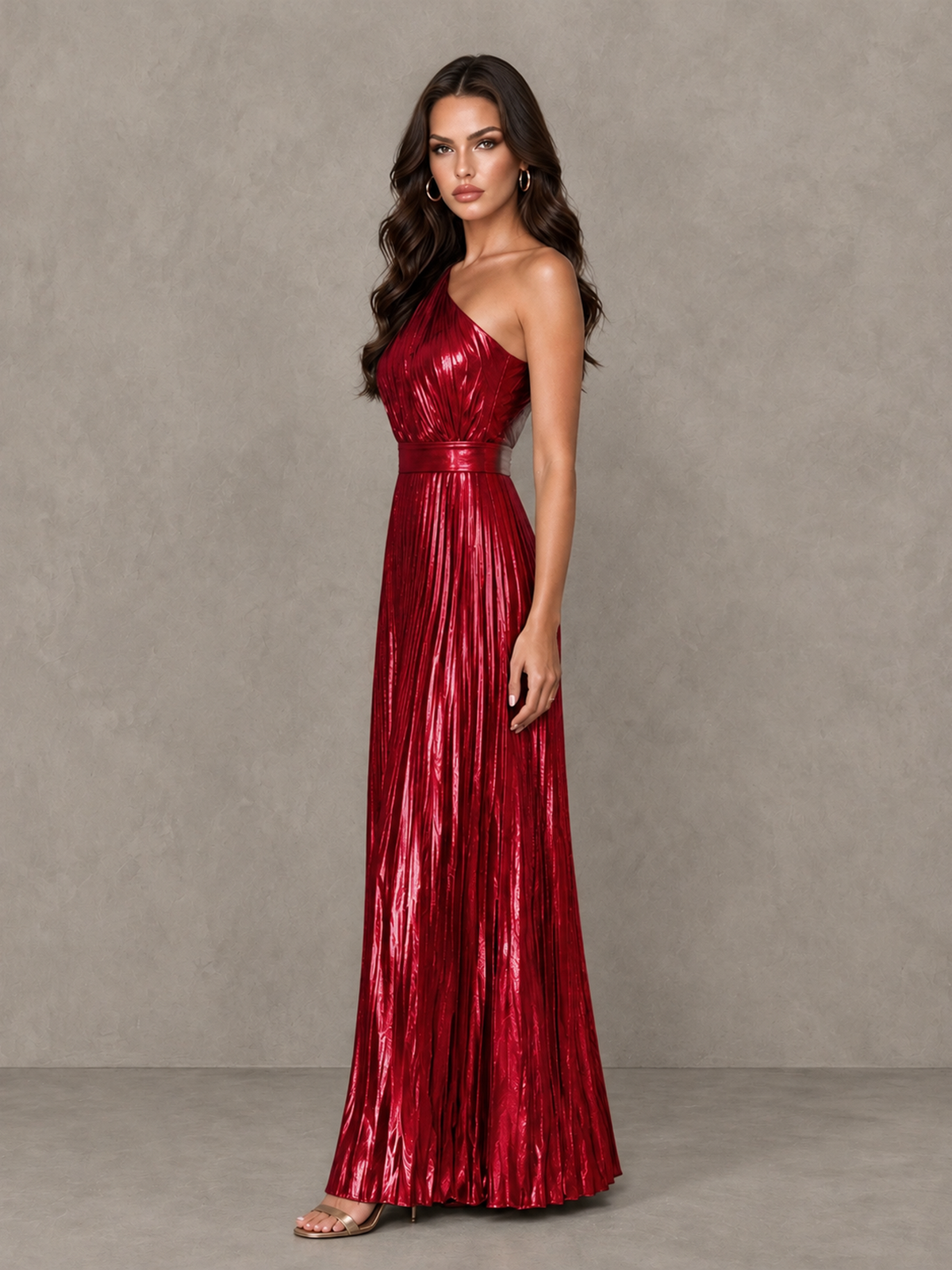 BOLODOO Red One-Shoulder Metallic Pleated Wide-Leg Jumpsuit - Red - Red_3