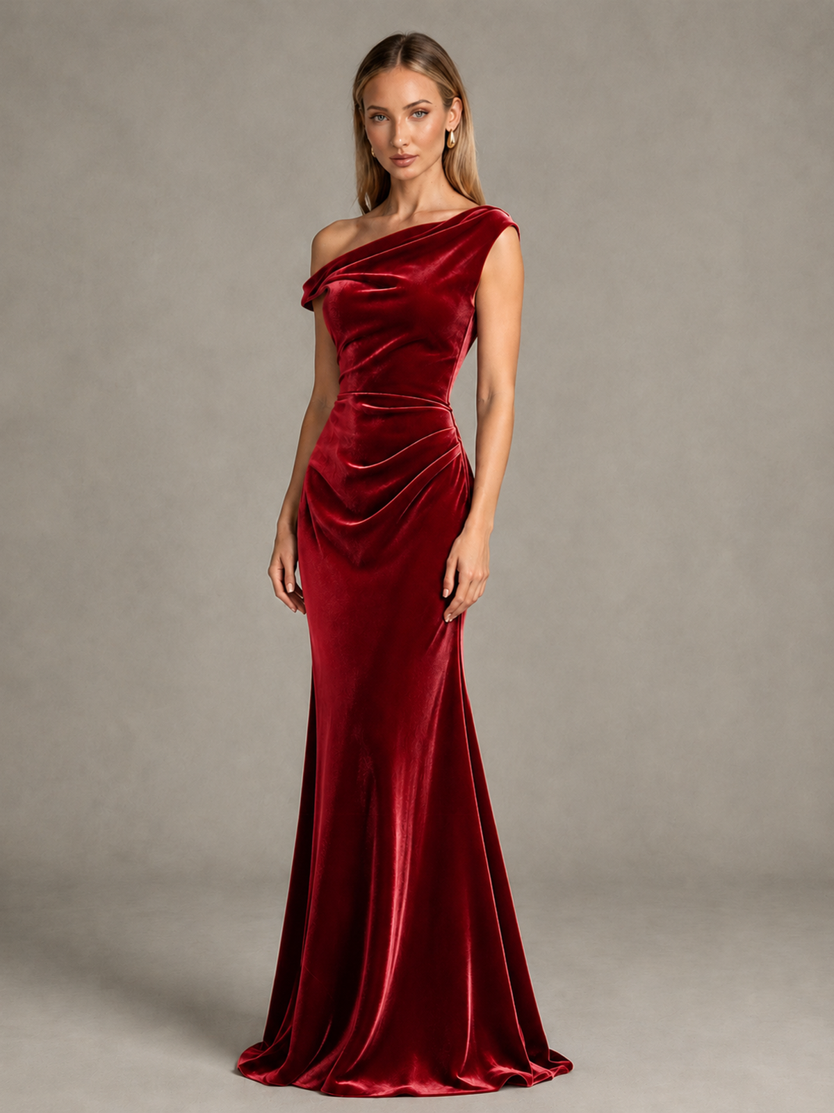 BOLODOO Red One-Shoulder Velvet Mermaid Evening Gown - Red - Red_3
