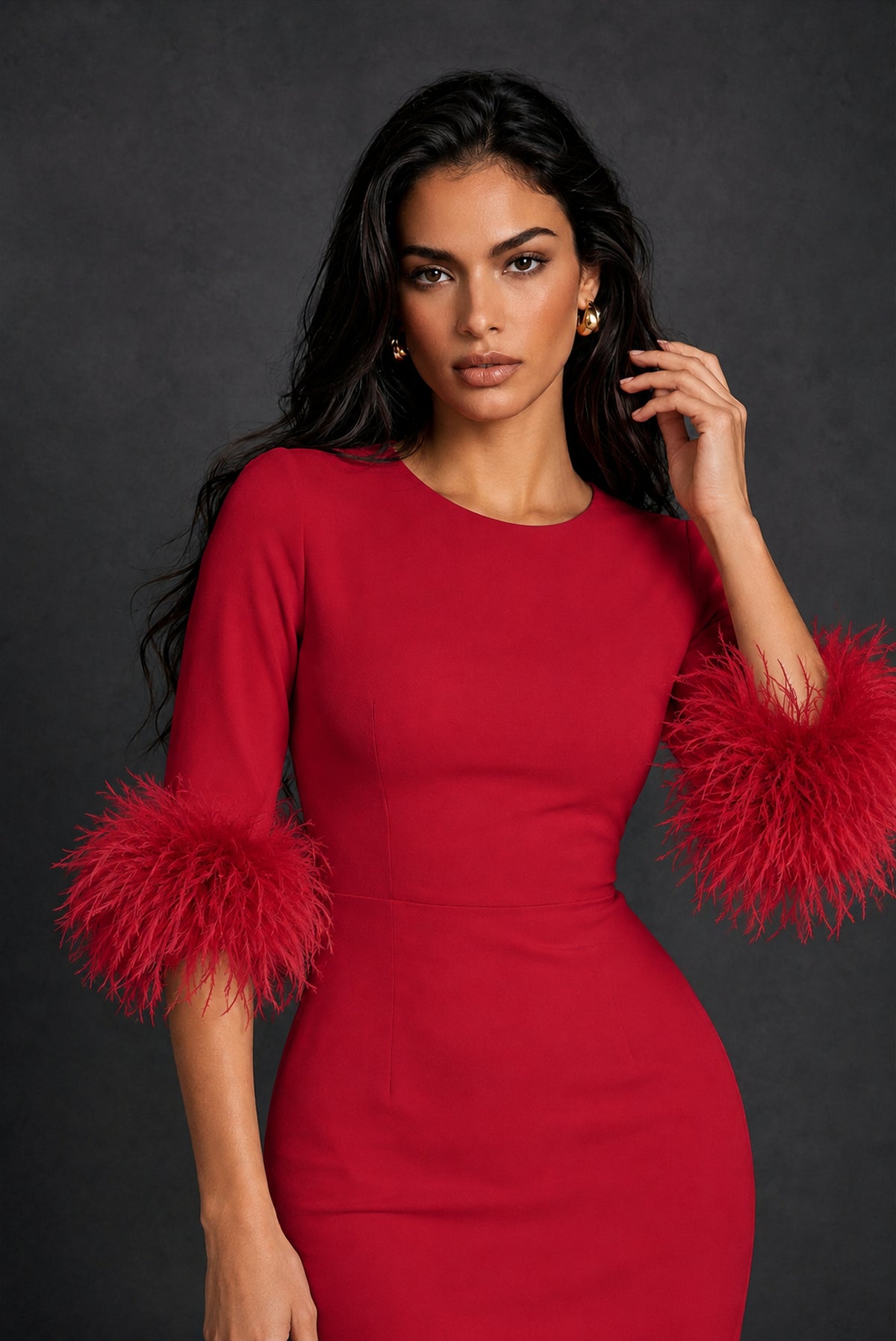 BOLODOO Red Ostrich Feather Cuff 3/4 Sleeve Round Neck Bodycon Midi Dress with Back Slit - Red