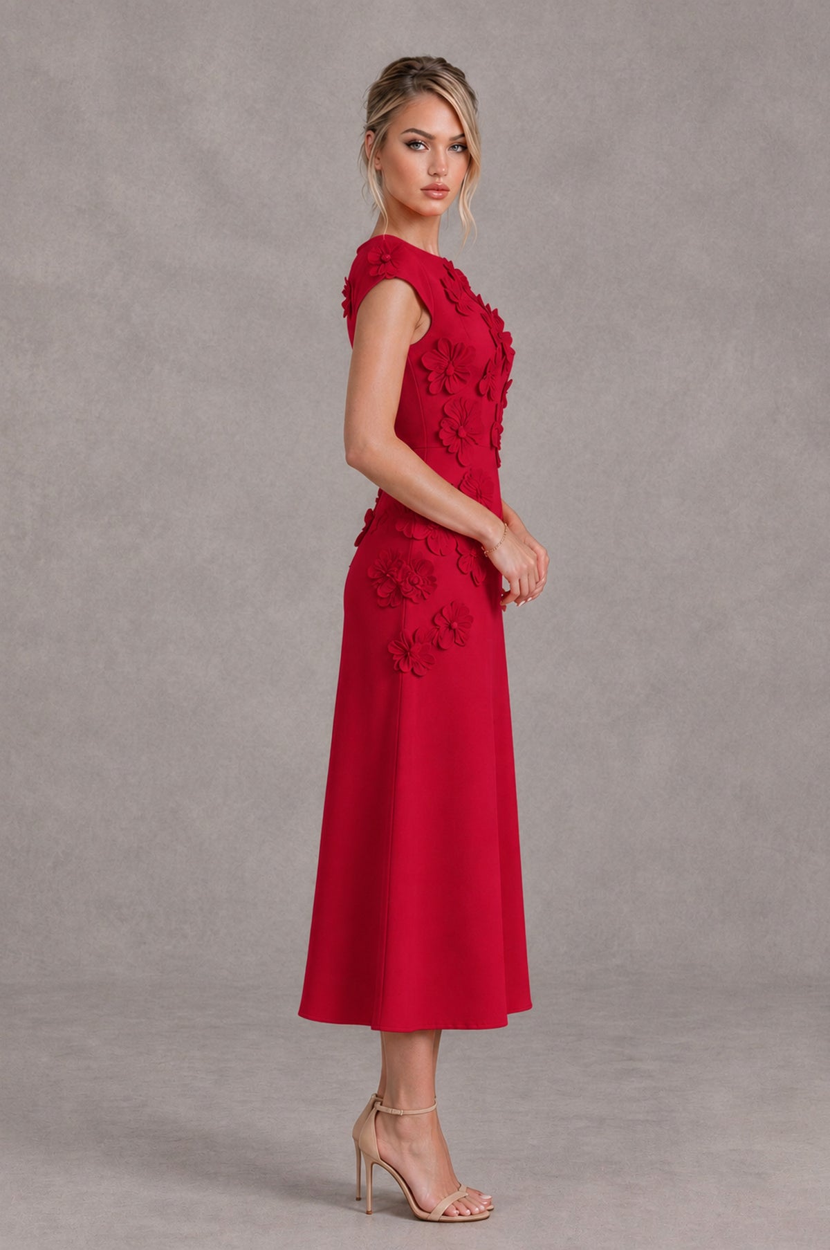 BOLODOO Red 3D Floral Cap Sleeve Midi Cocktail Dress - Red - Red_3