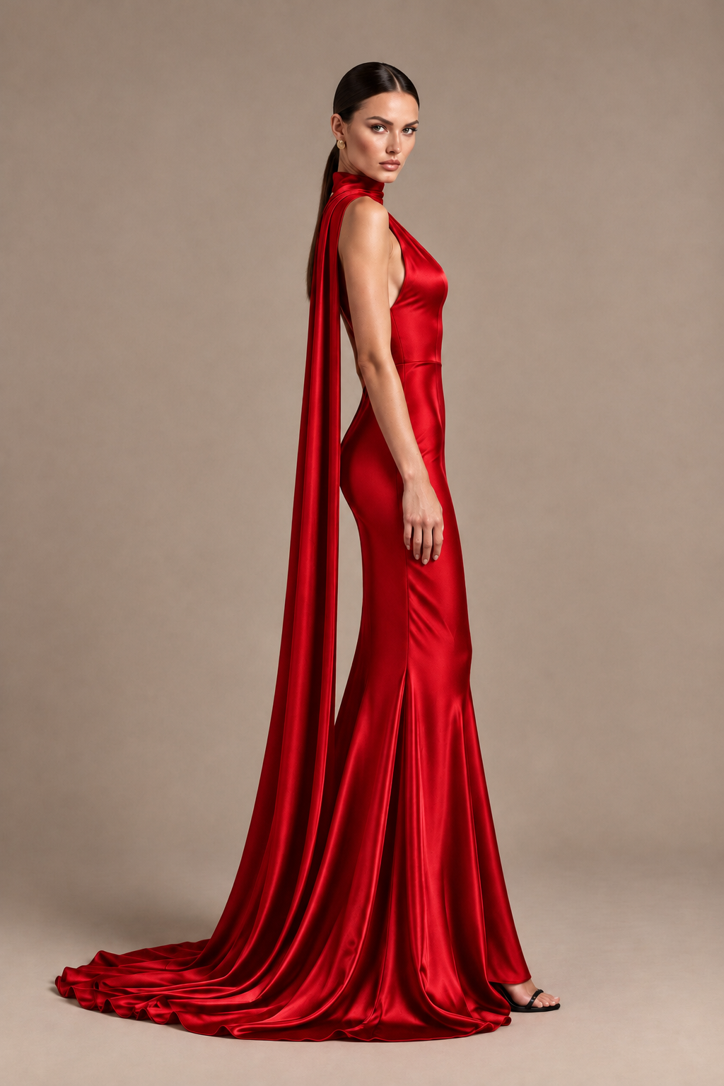 BOLODOO Red One-Shoulder Satin Mermaid Evening Dress with Scarf - Red - Red_3