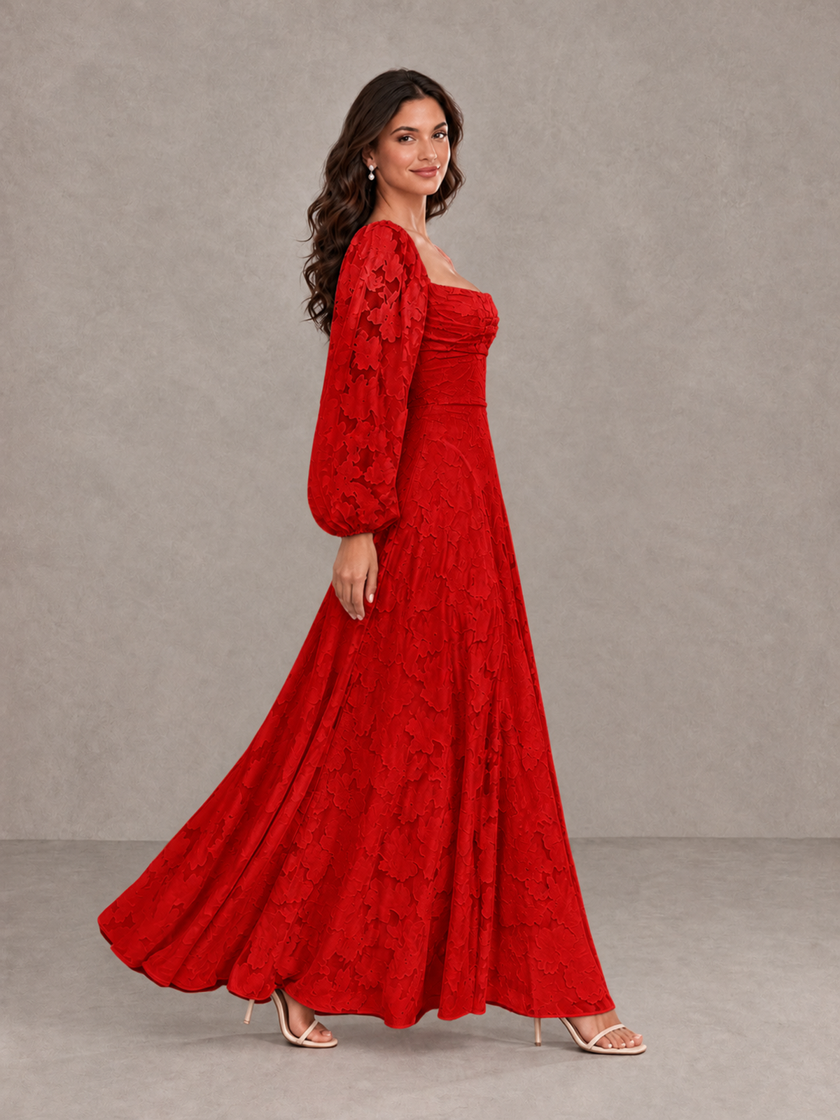 BOLODOO Red Floral Long Sleeve A-Line Bridesmaid Dress - Red - Red_3