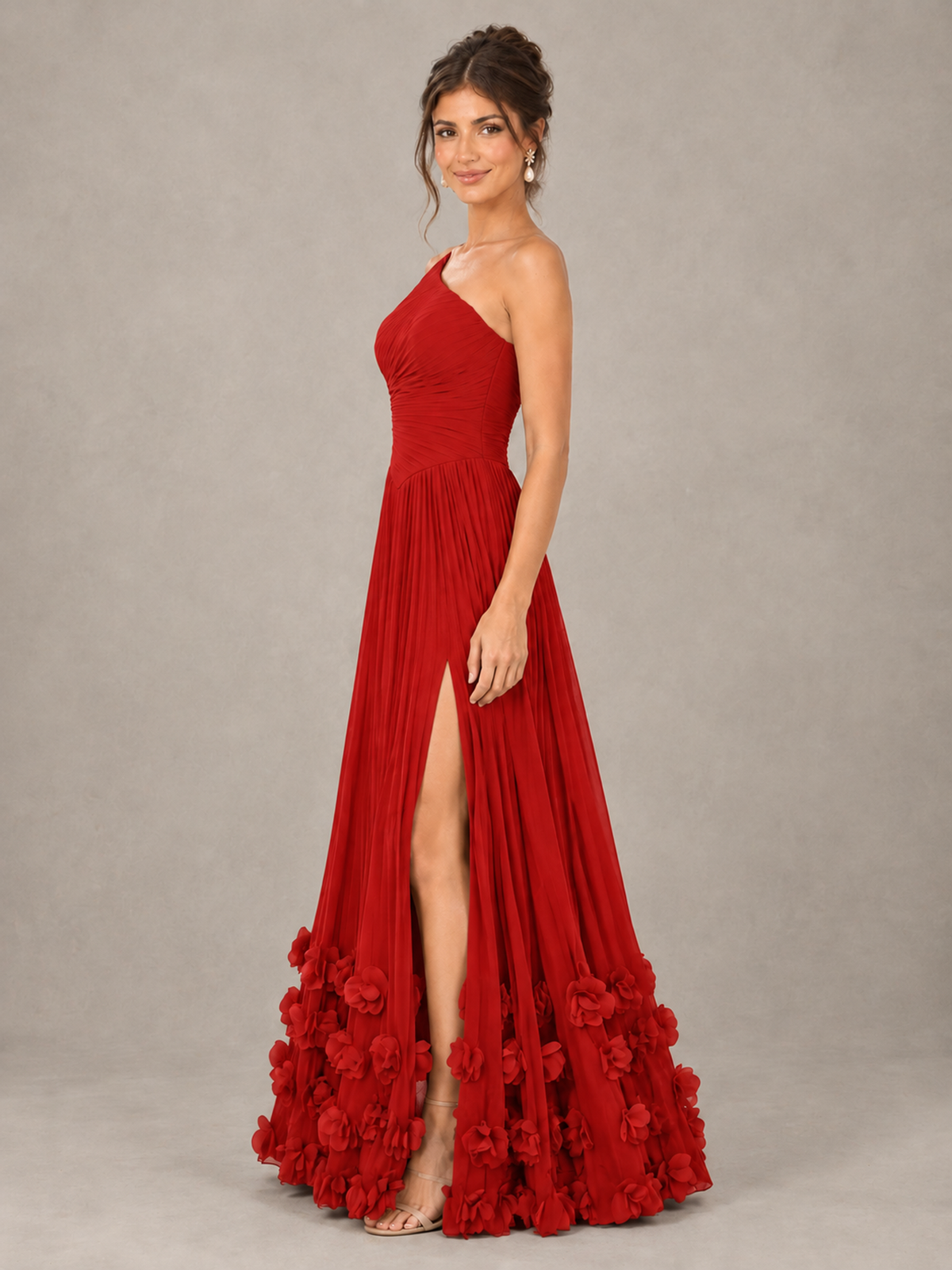 BOLODOO Red One-Shoulder Pleated Bridesmaid Dress with 3D Floral Hem - Red - Red_3