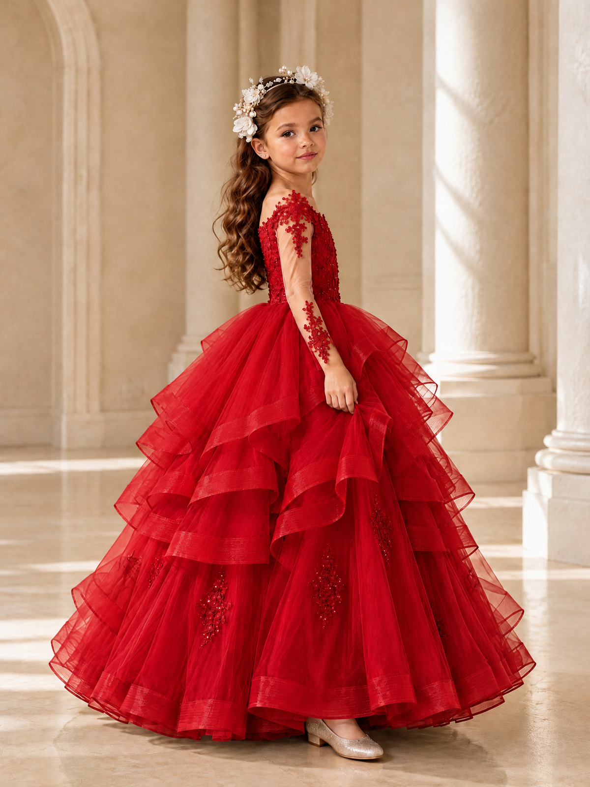 BOLODOO Red Lace Long Sleeve Tiered Flower Girl Dress - Red - Red_3