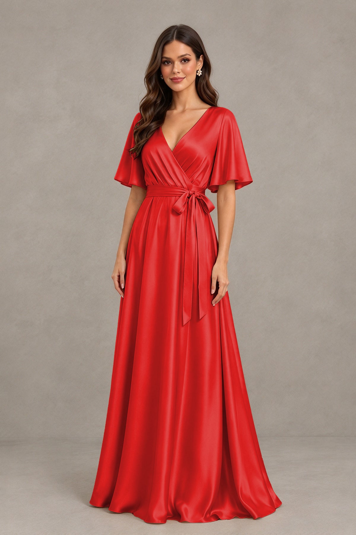 BOLODOO Red Satin V-Neck Flutter Sleeve Bridesmaid Dress with Slit - Red - Red(3)