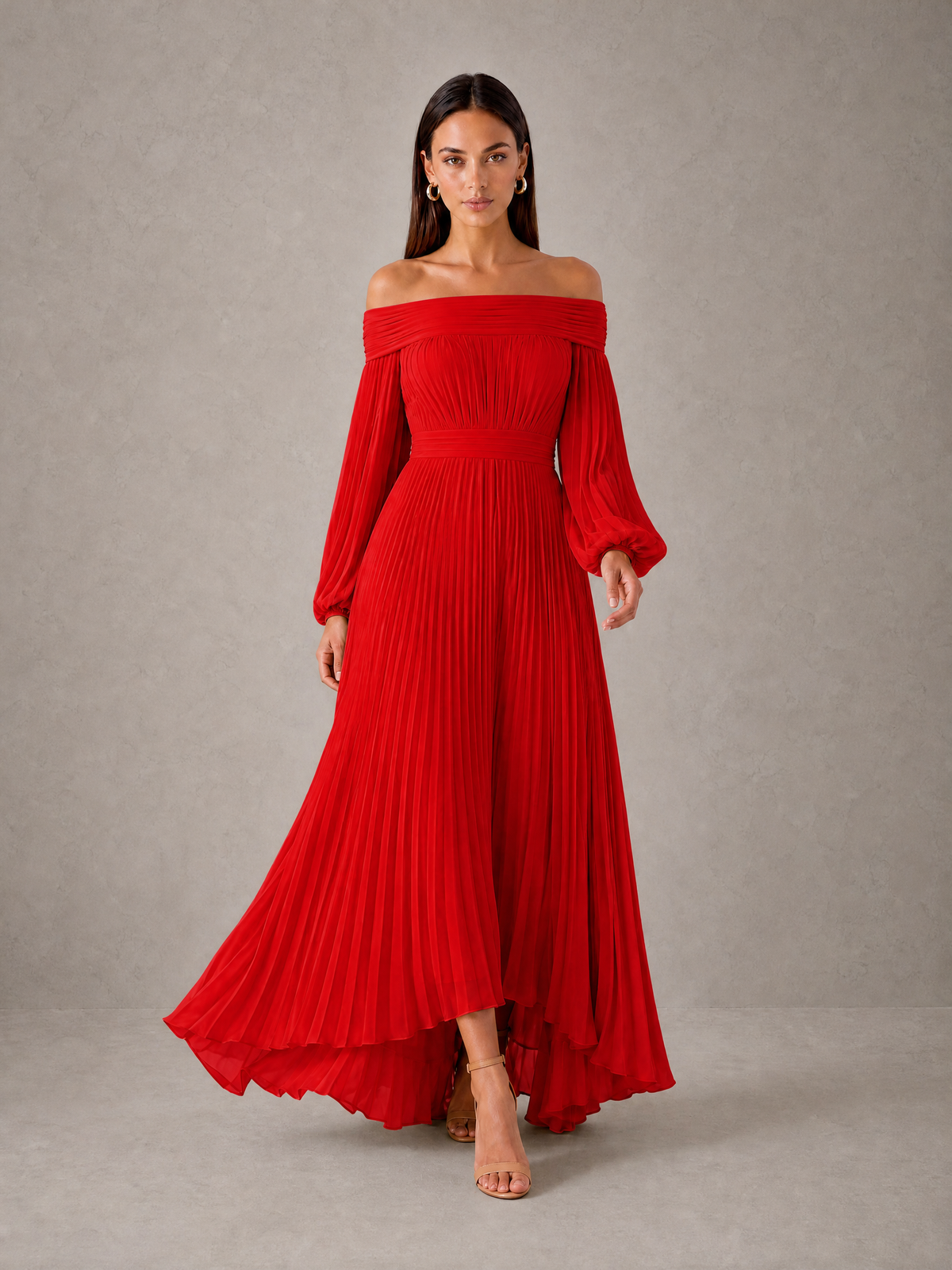 BOLODOO Red Off-Shoulder Long Sleeve Pleated High-Low Dress - Red - Red_3