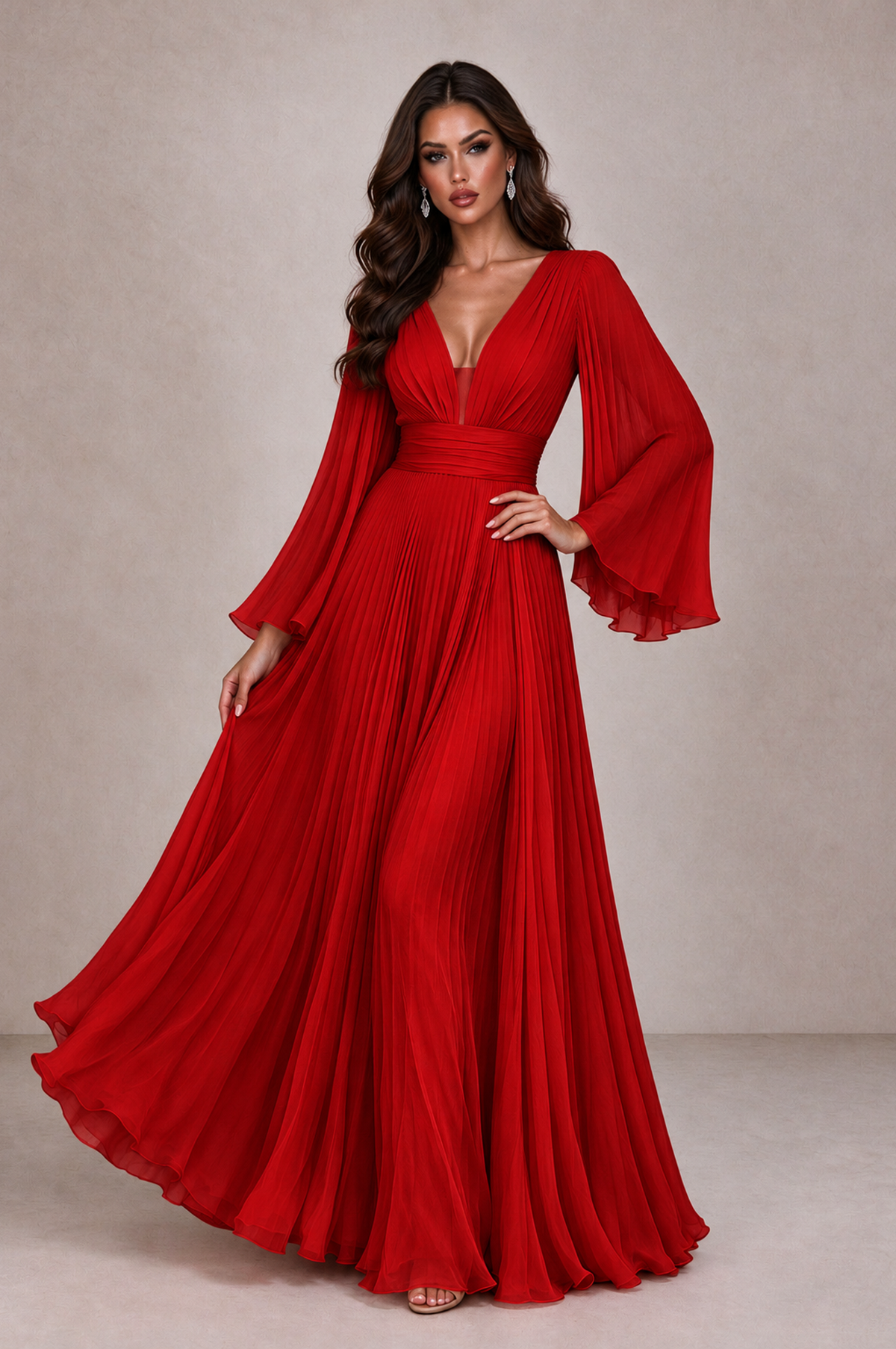 BOLODOO Red Pleated Deep V-Neck Long Bell Sleeve Evening Dress - Red - Red_3