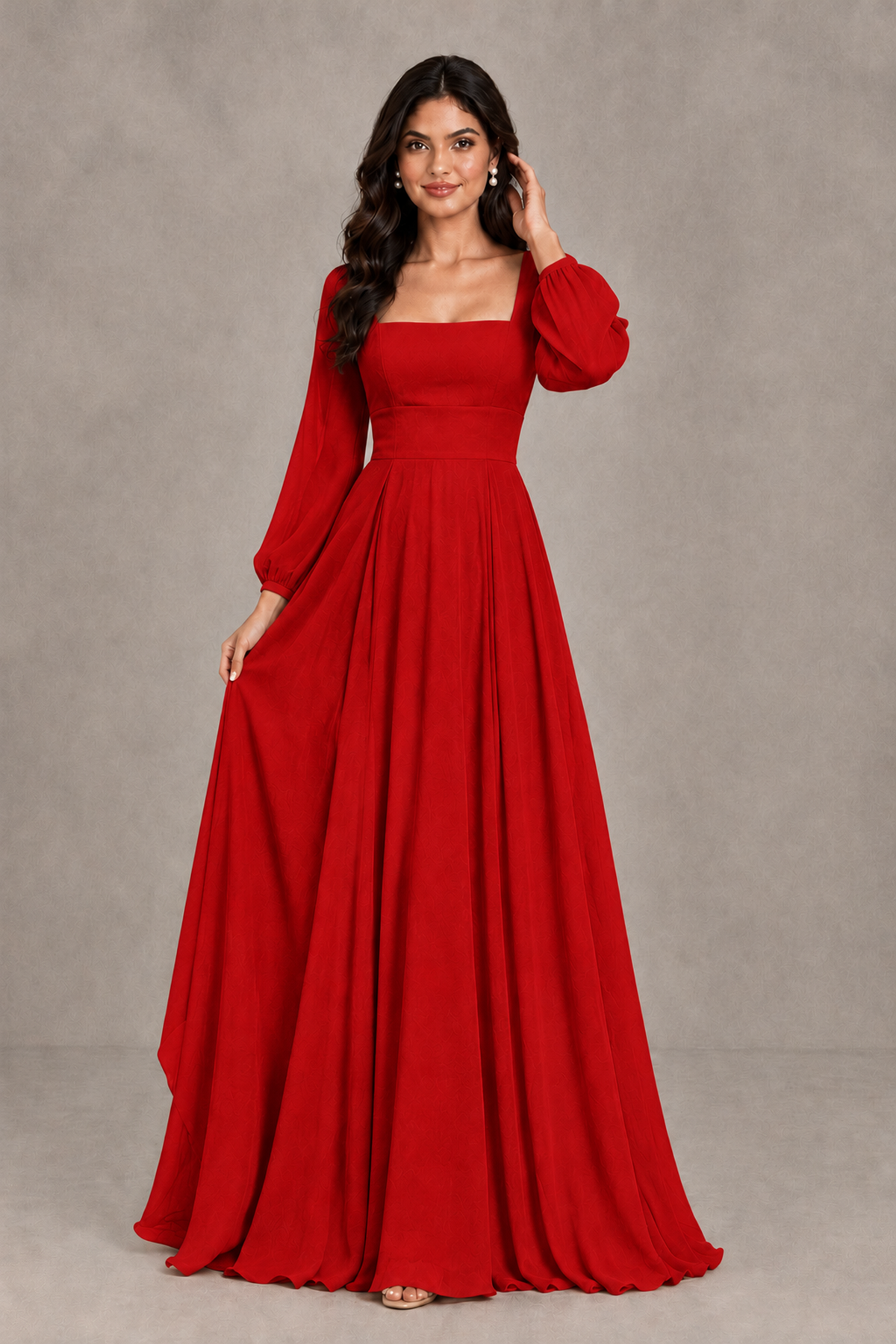 BOLODOO Red Square Neck Long Sleeve A-Line Bridesmaid Dress - Red - Red_3