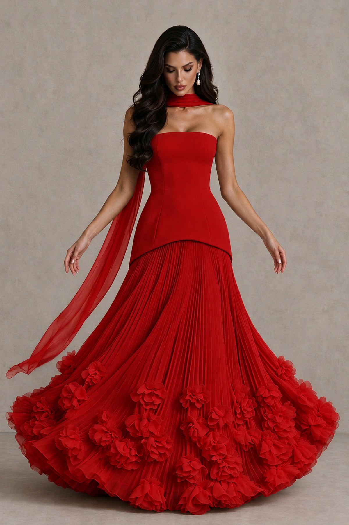 BOLODOO Red Strapless Pleated Floral Hem Evening Gown - Red - Red_3