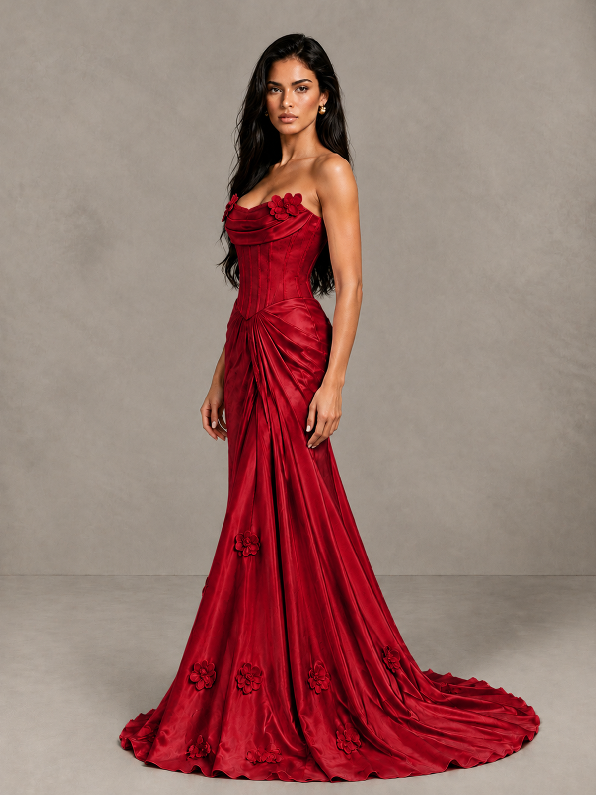 BOLODOO Red Strapless Floral Corset Evening Gown with Train - Red - Red_3