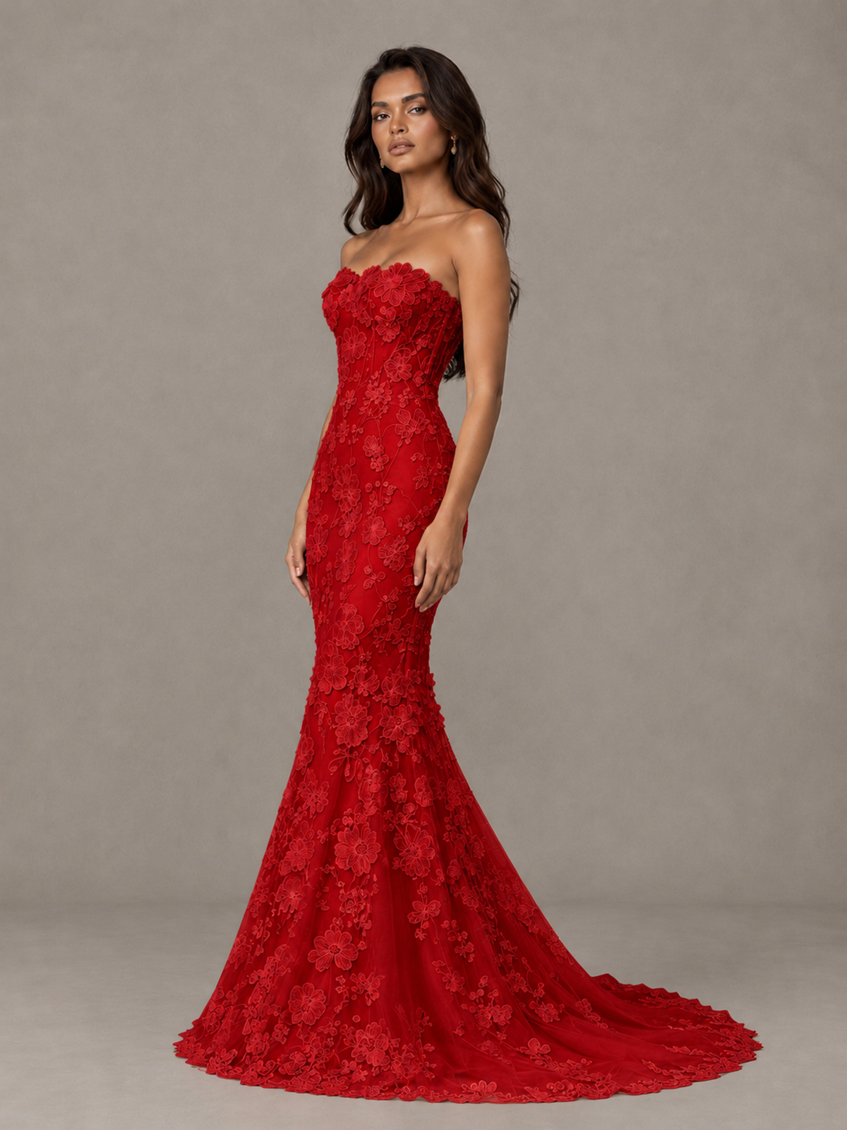 BOLODOO Red Strapless 3D Floral Lace Mermaid Prom Dress with Train - Red - Red_3