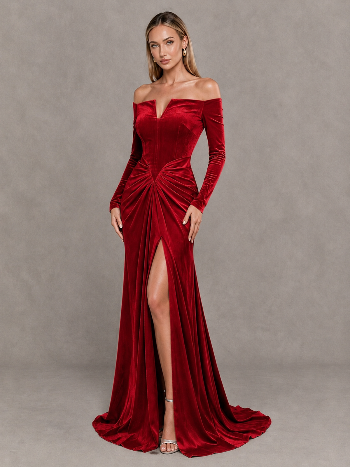 BOLODOO Red Off-Shoulder Velvet Evening Gown with High Slit - Red - Red_3