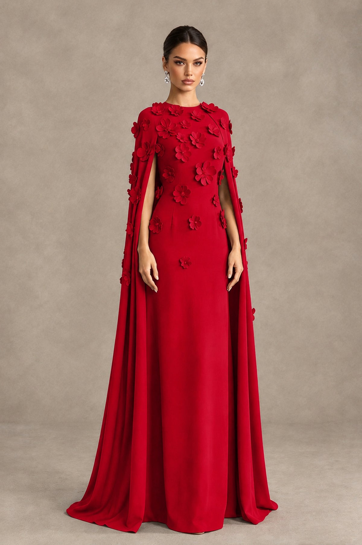 BOLODOO Red 3D Floral Applique Cape Formal Dress - Red - Red_3
