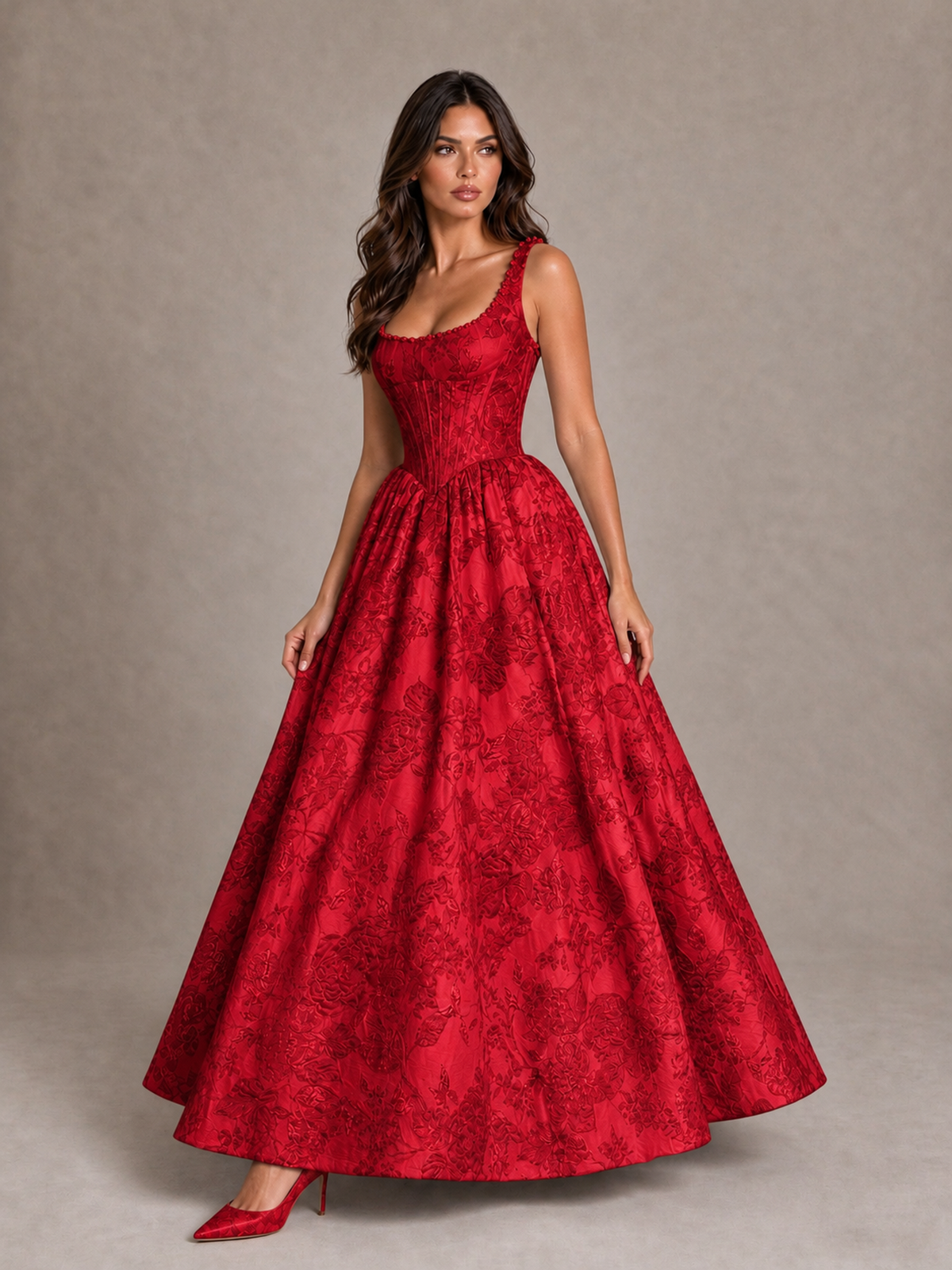 BOLODOO Red Floral Corset A-Line Prom Dress with Lace-Up Back - Red - Red_3