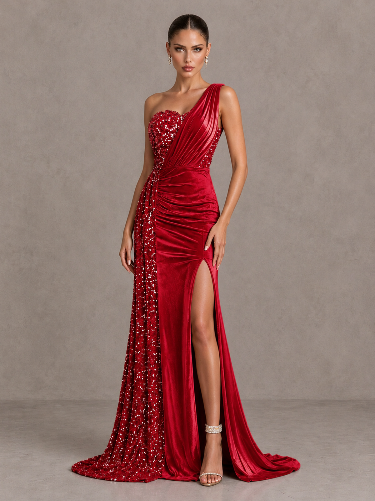 BOLODOO Red One-Shoulder Satin Sequin Gown with High Slit - Red - Red_3