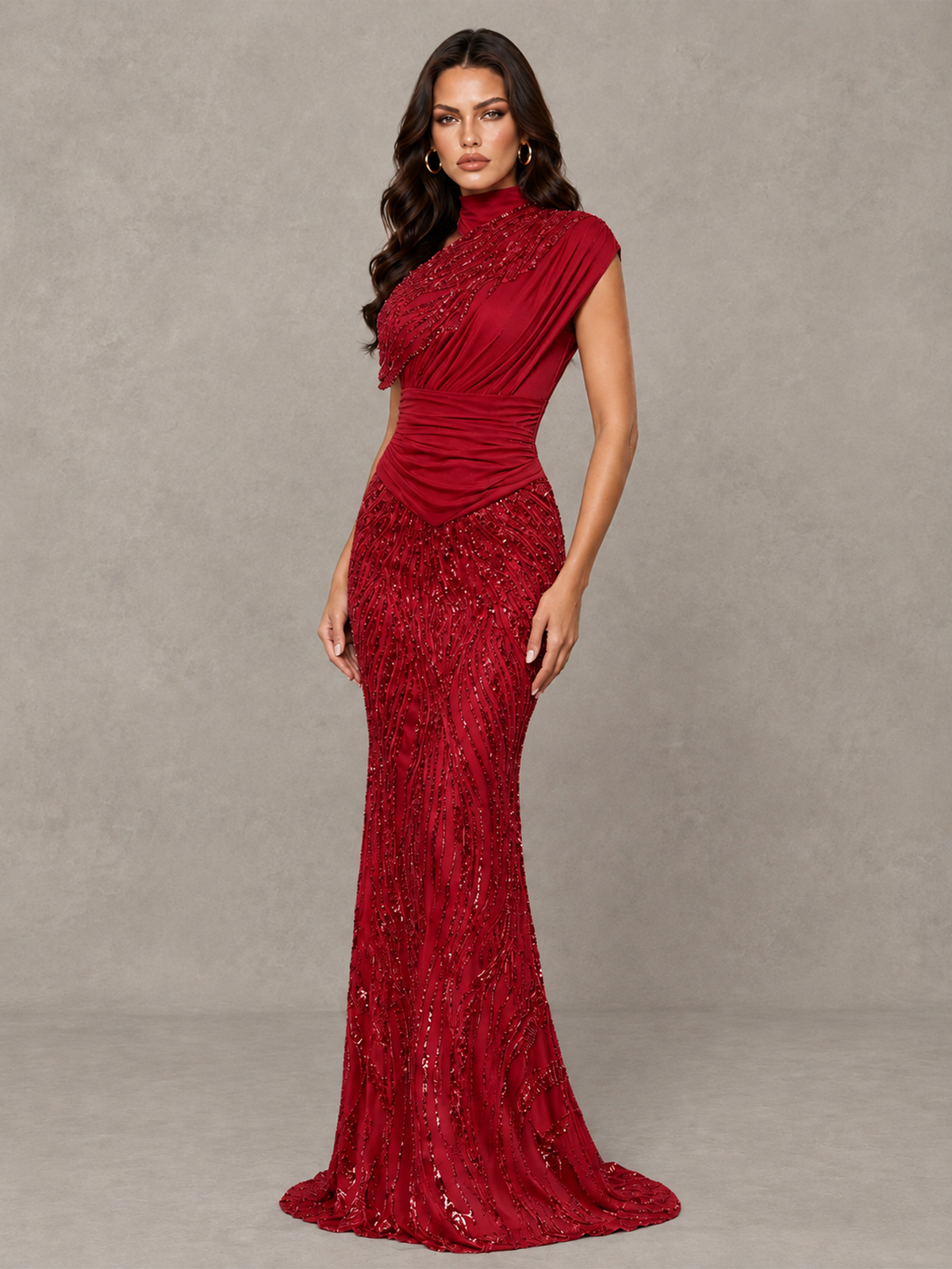 BOLODOO Red High Neck Draped Sequin Mermaid Evening Gown - Red - Red_3
