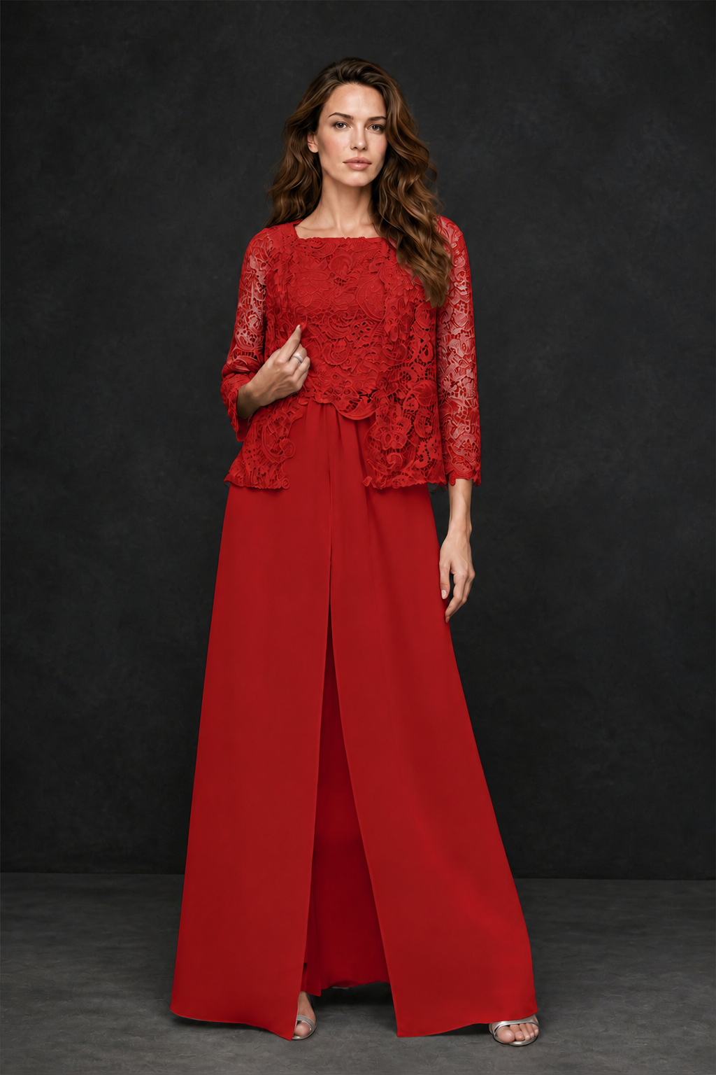 BOLODOO Red Grey Lace Peplum Top & Wide-Leg Chiffon Pants Set | Mother of the Bride & Formal Evening Outfit - Red