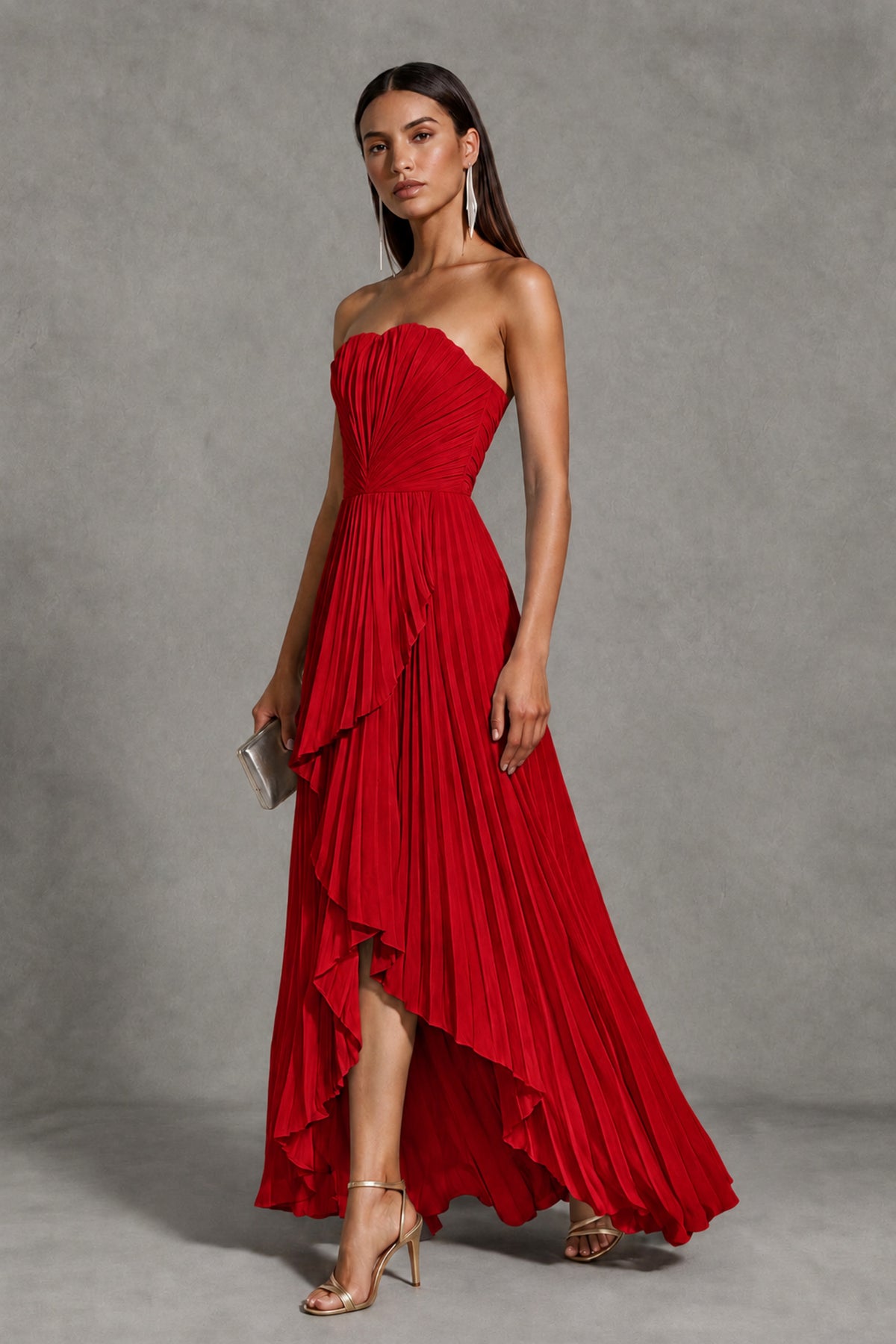 Red Strapless Pleated High-Low Evening Gown with Ruffle Hem - Red - Red_3