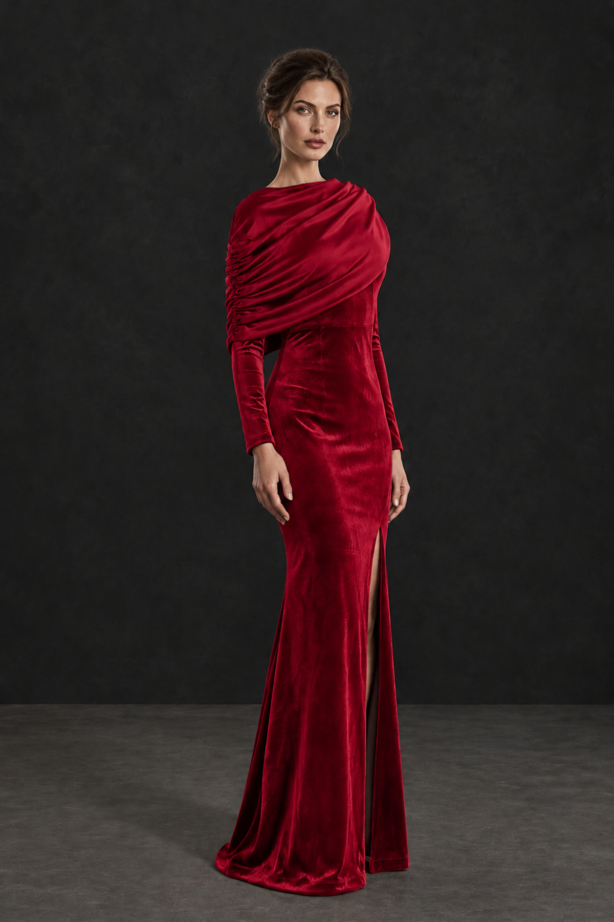 BOLODOO Red Velvet Long Sleeve Draped Mother of the Bride Dress - Red - Red_3
