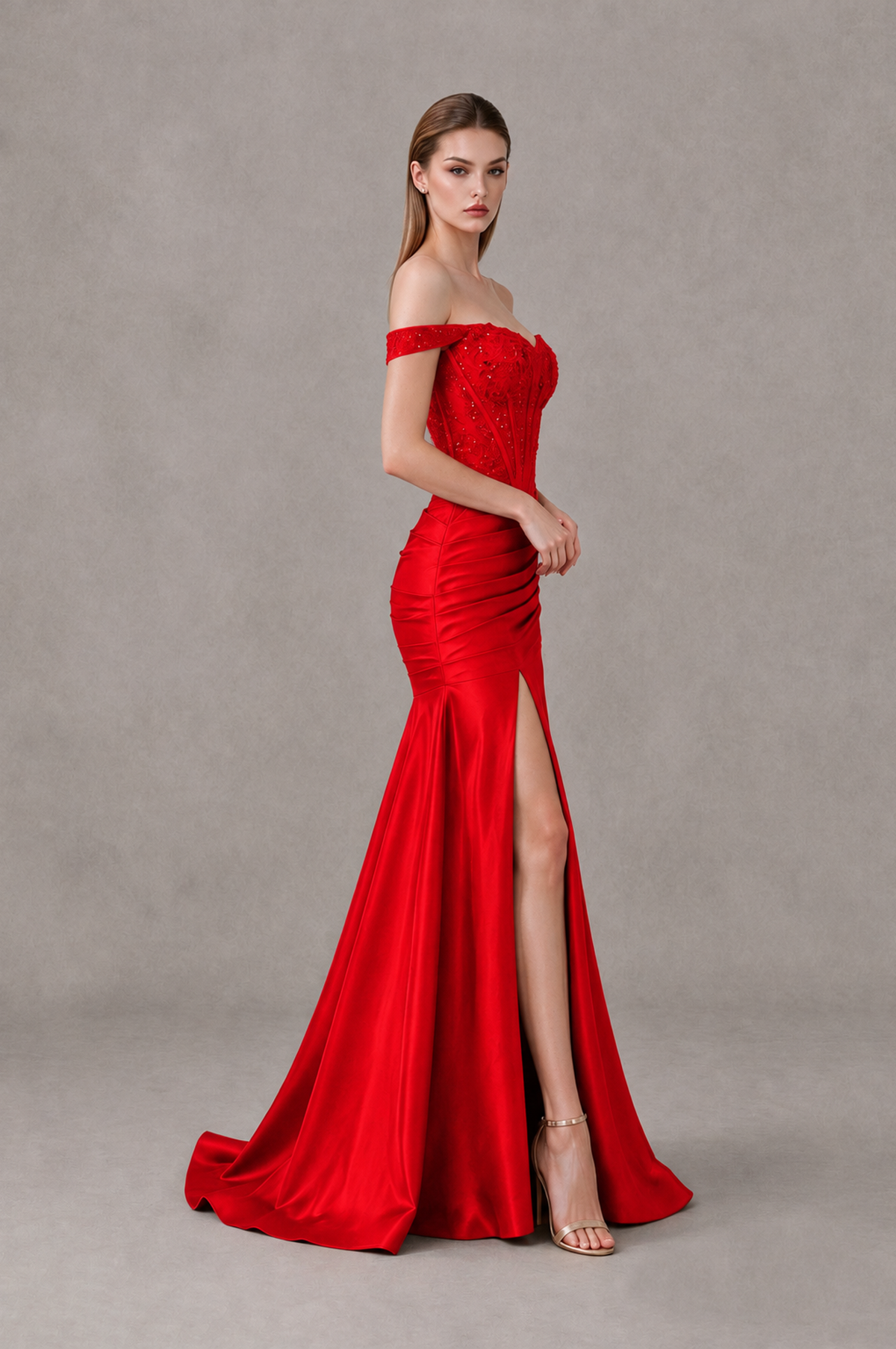 BOLODOO Red Off-Shoulder Corset Mermaid Prom Dress with Slit Sequin Lace Evening Gown - Red - Red_3