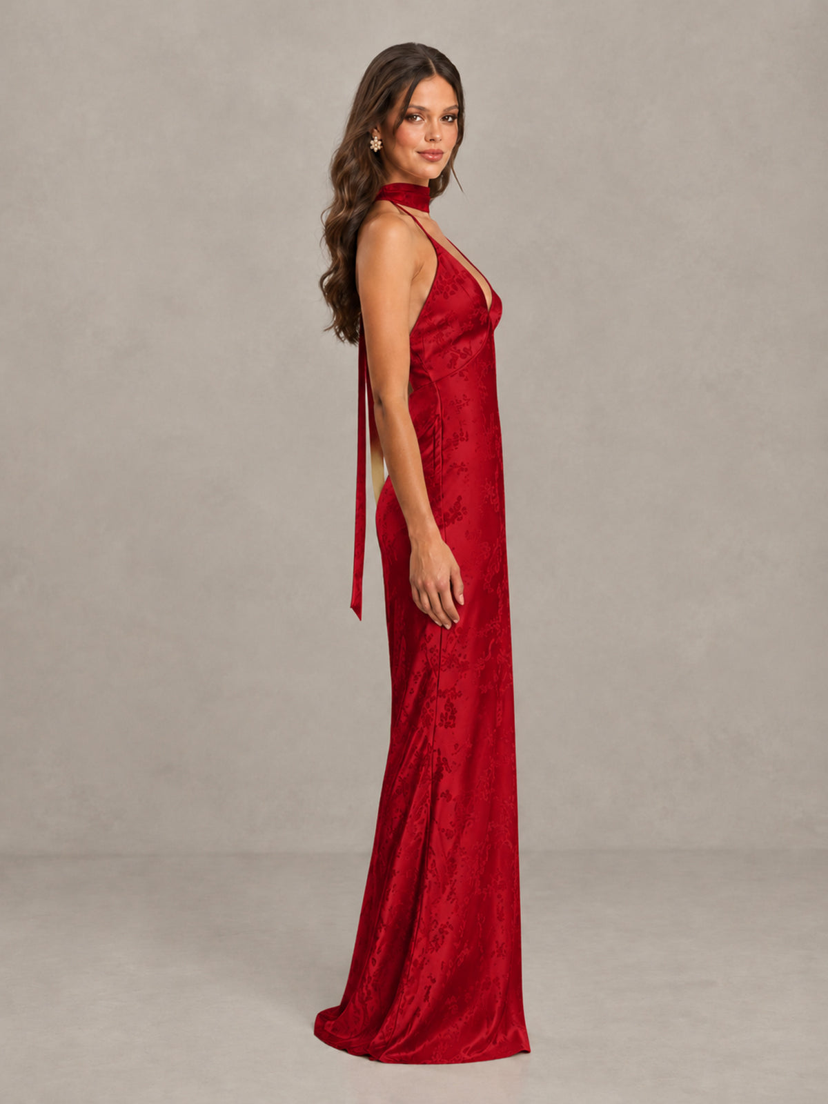BOLODOO Red Floral Satin Open-Back Bridesmaid Dress - Red - Red_3