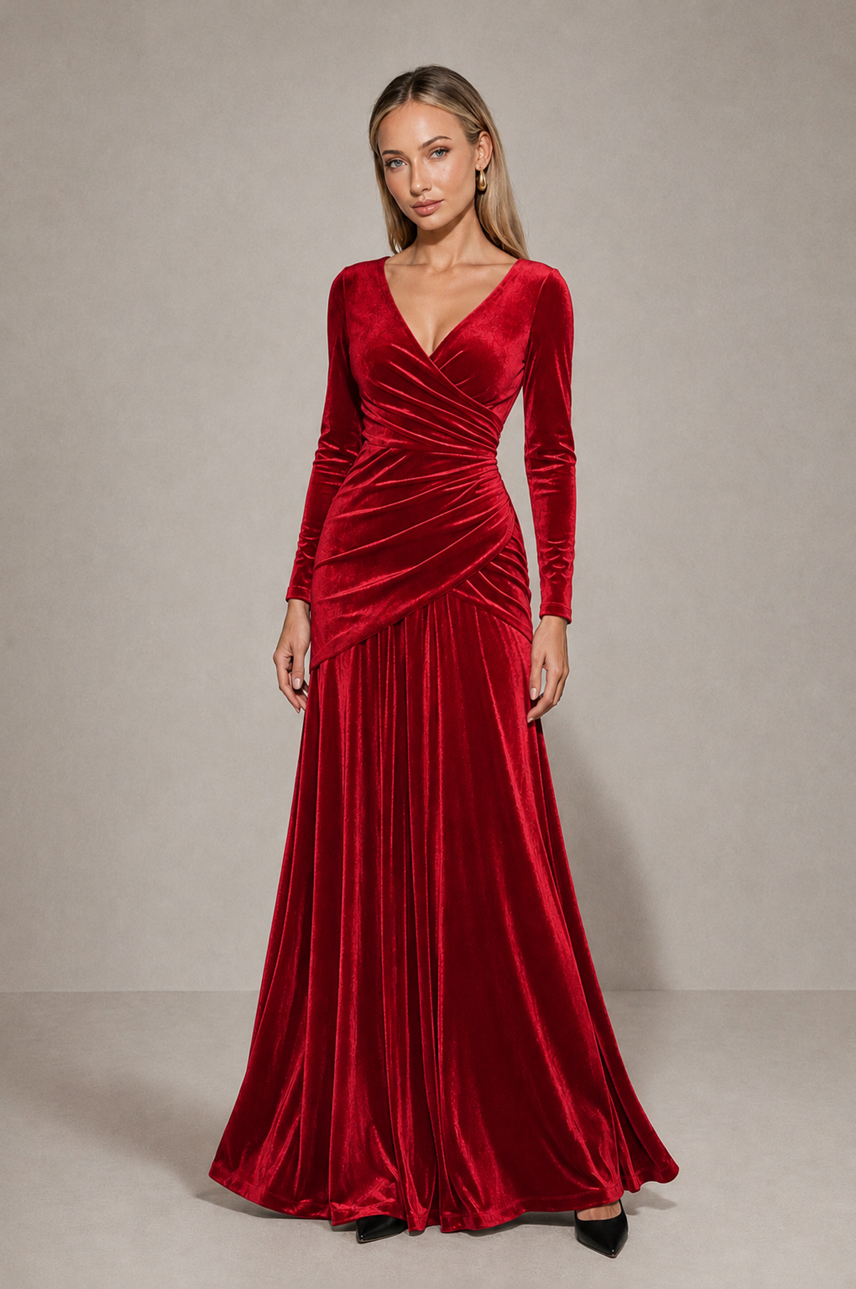 BOLODOO Red Velvet Long Sleeve V-Neck Ruched Evening Dress - Red - Red_3