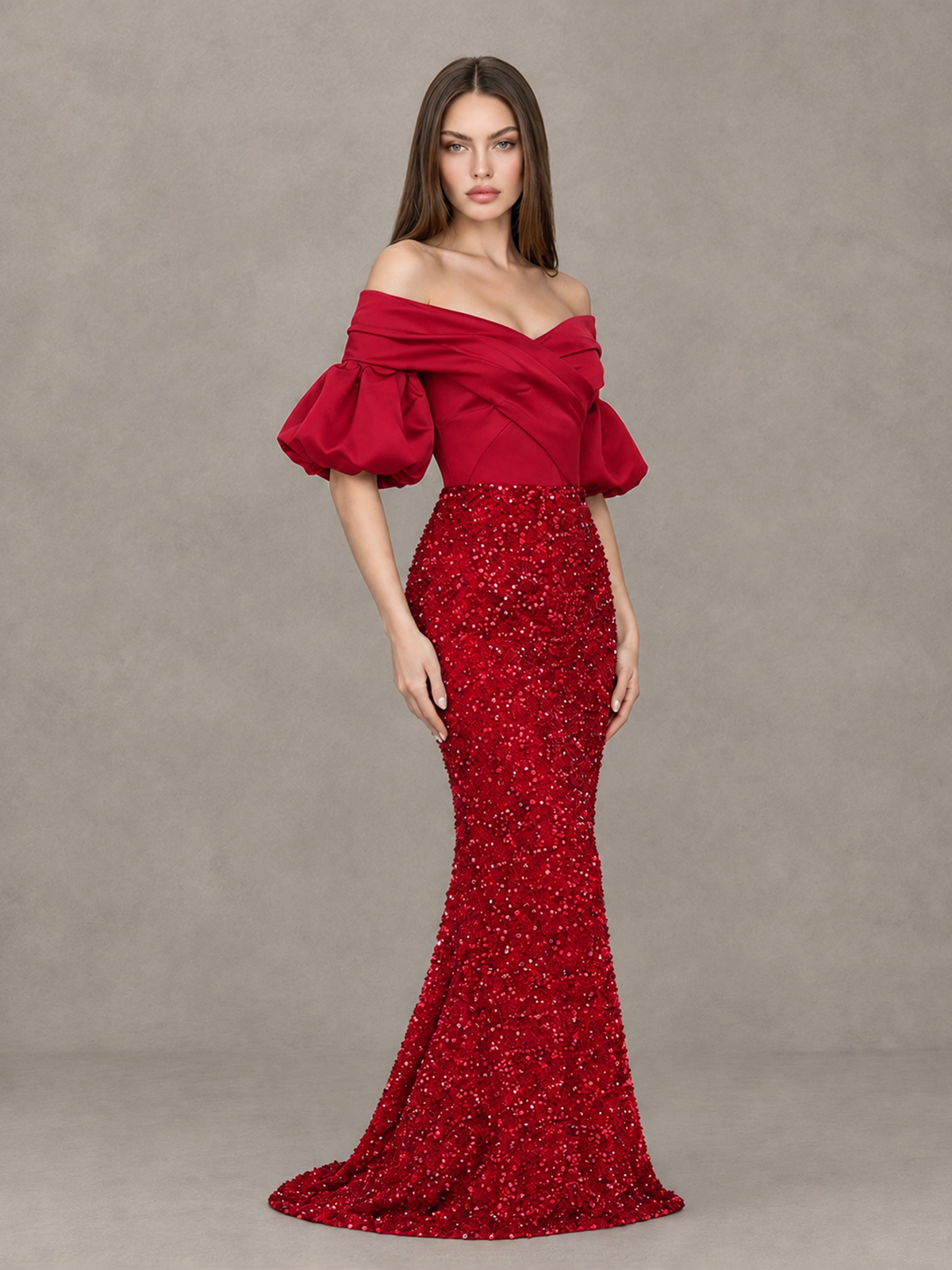 BOLODOO Red Off-Shoulder Puff Sleeve Sequin Mermaid Evening Dress - Red - Red_3