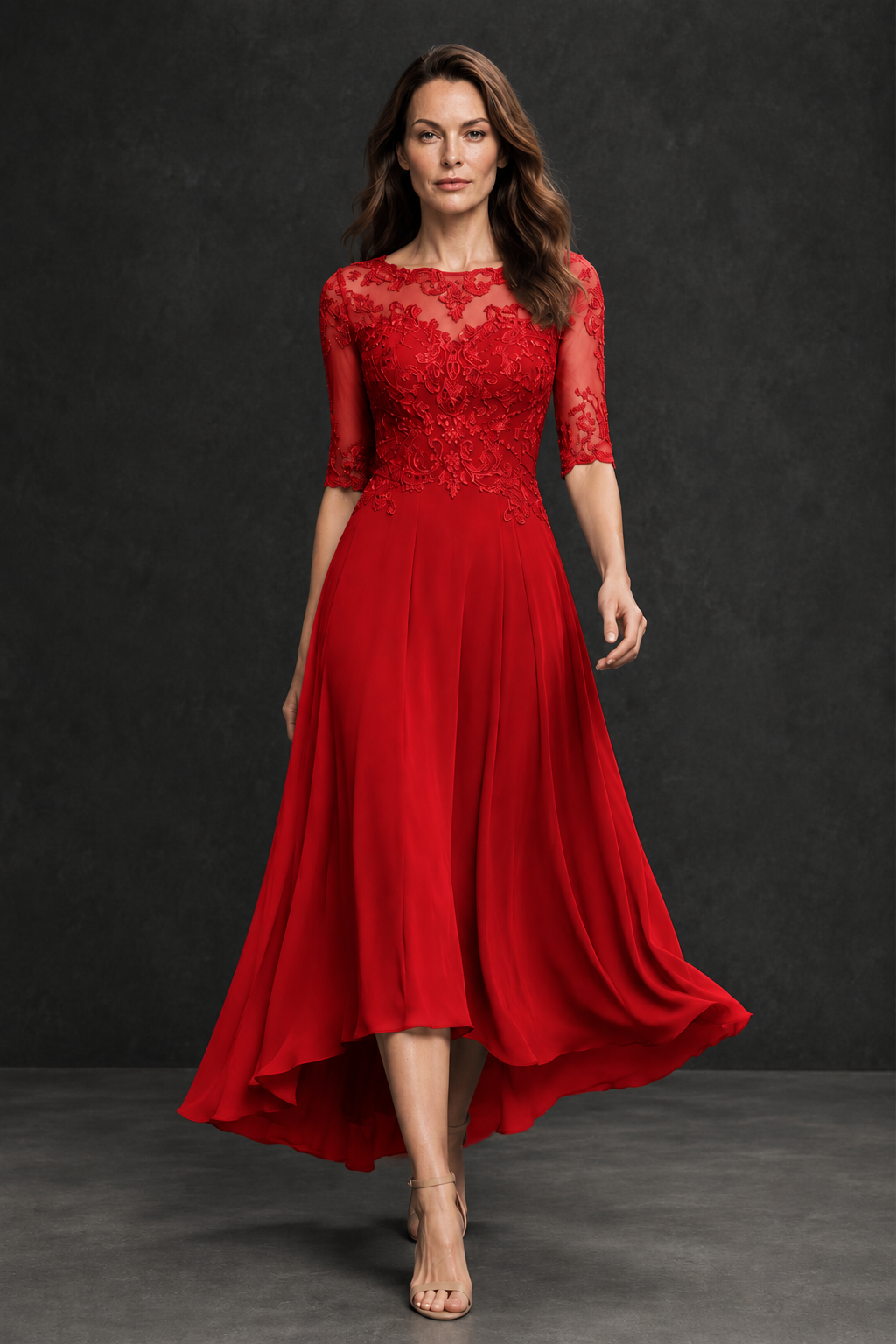 BOLODOO Red Illusion Lace 3/4 Sleeve Hi-Lo Chiffon A-Line Dress | Mother of the Bride Tea Length Dress - Red