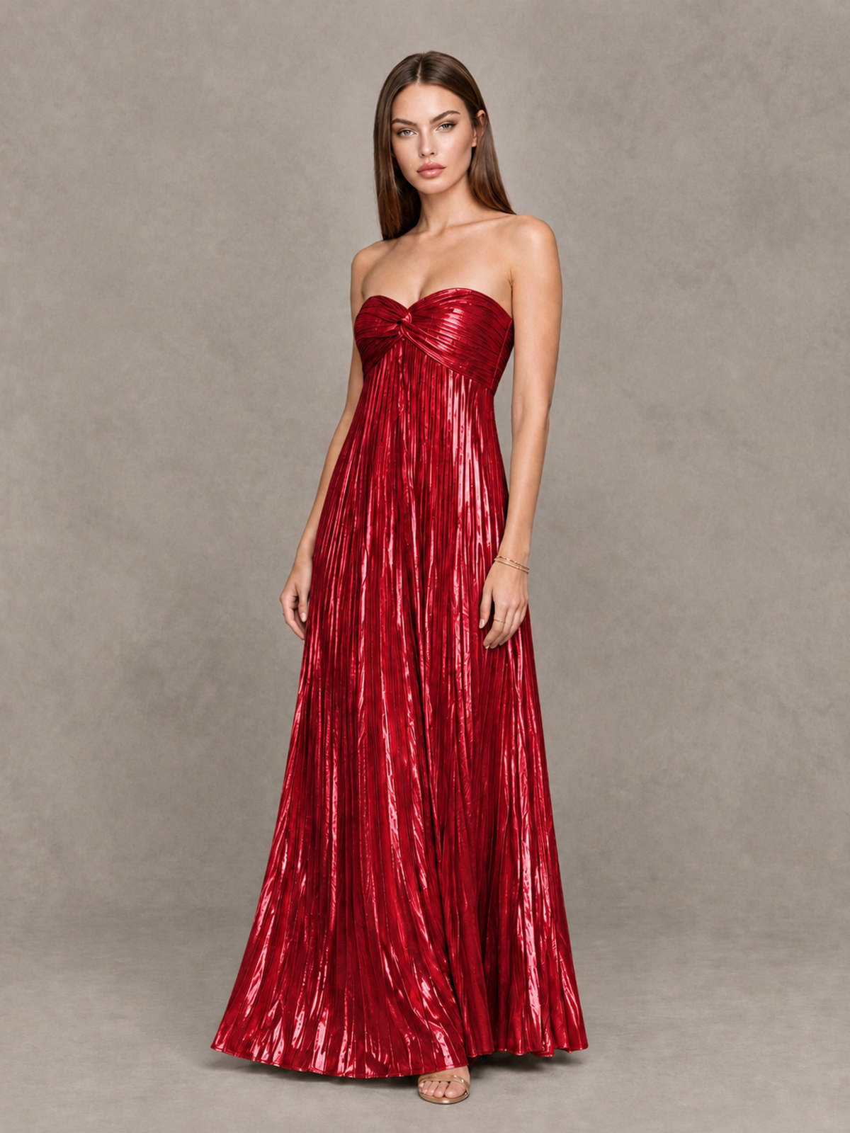 BOLODOO Red Strapless Sweetheart Metallic Pleated Maxi Dress - Red - Red_3