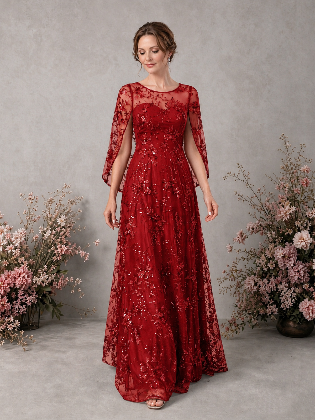 BOLODOO Red Sequin Lace Cape Sleeve Formal Evening Gown - Red - Red_3