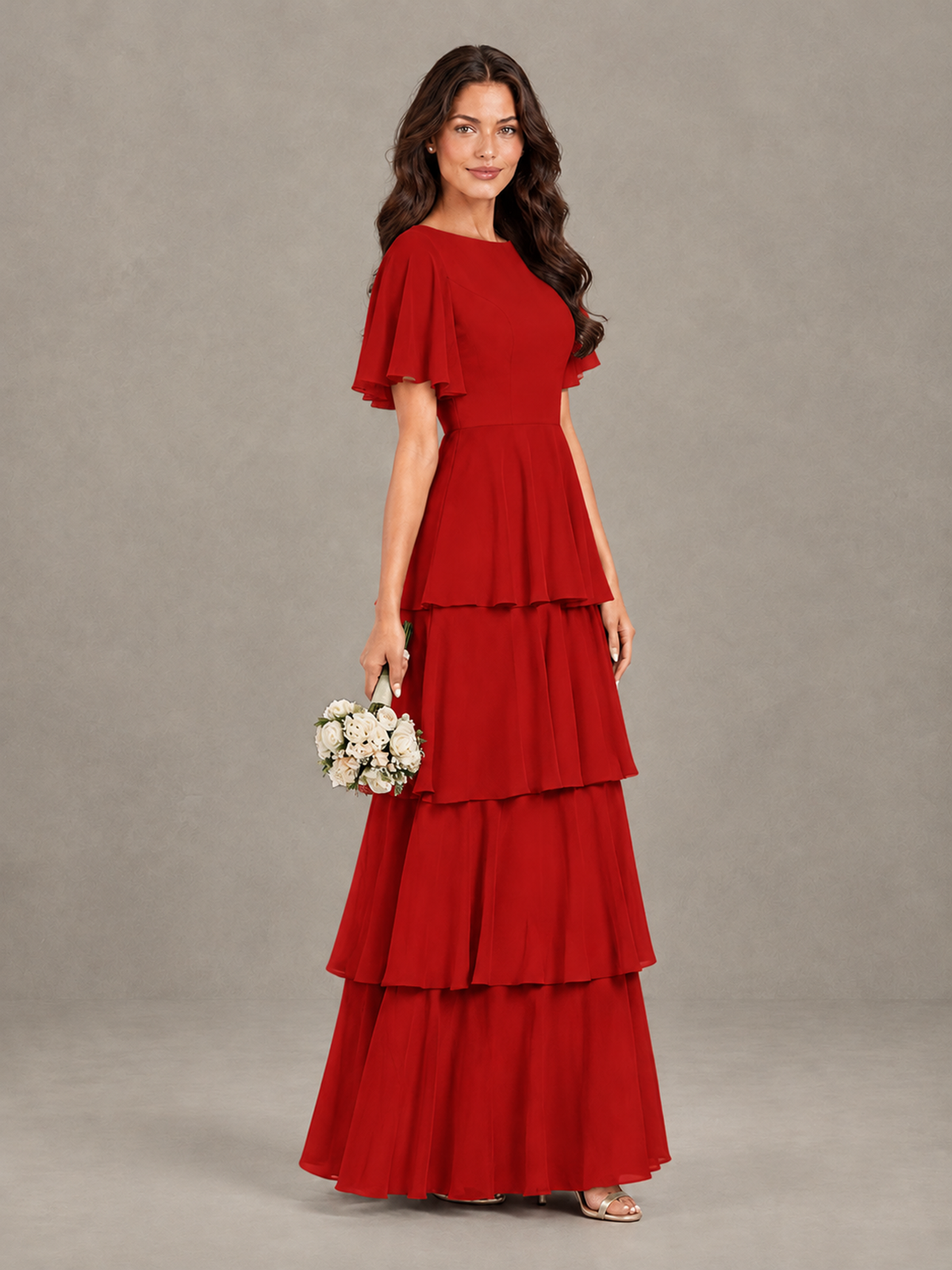 BOLODOO Red Tiered Flutter Sleeve Bridesmaid Dress - Red - Red_3