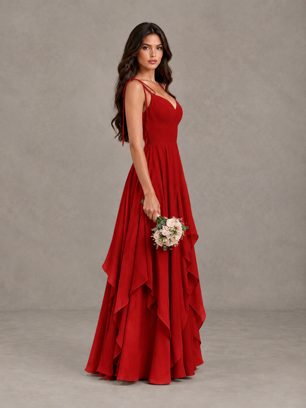 BOLODOO Red Tie-Strap Ruffle A-Line Bridesmaid Dress - Red - Red_3