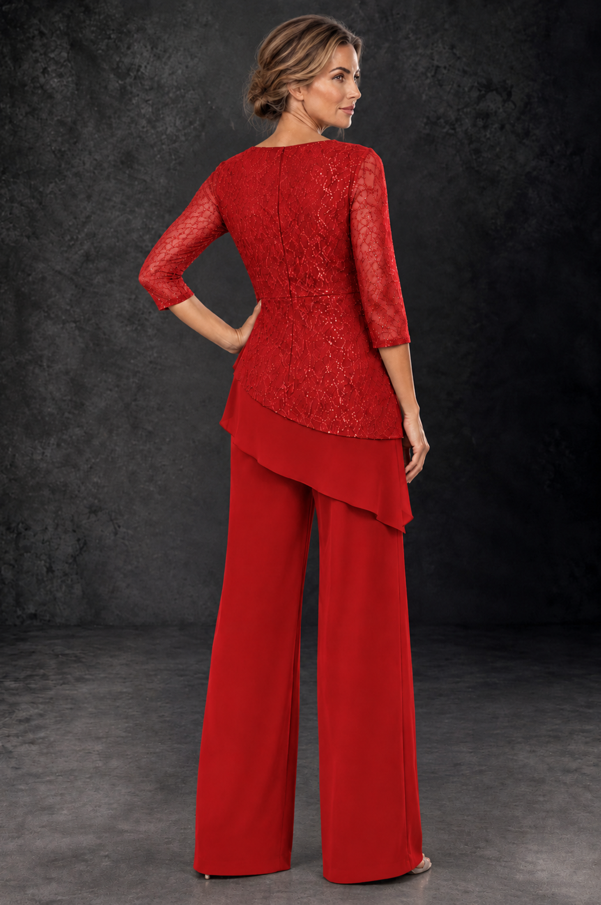 BOLODOO Red Sequin Lace 3/4 Sleeve Chiffon Mother of the Bride Pant Suit - Red - Red_3