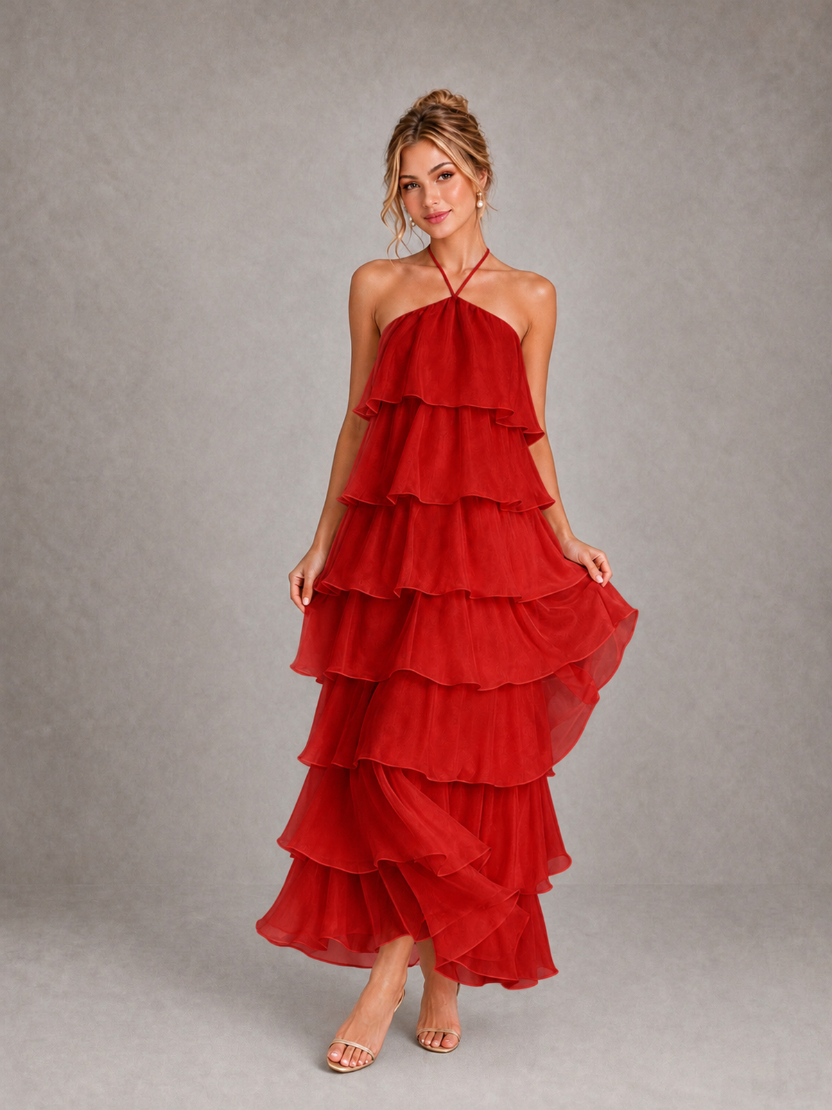 BOLODOO Red Halter Tiered Ruffle Maxi Bridesmaid Dress - Red - Red_3
