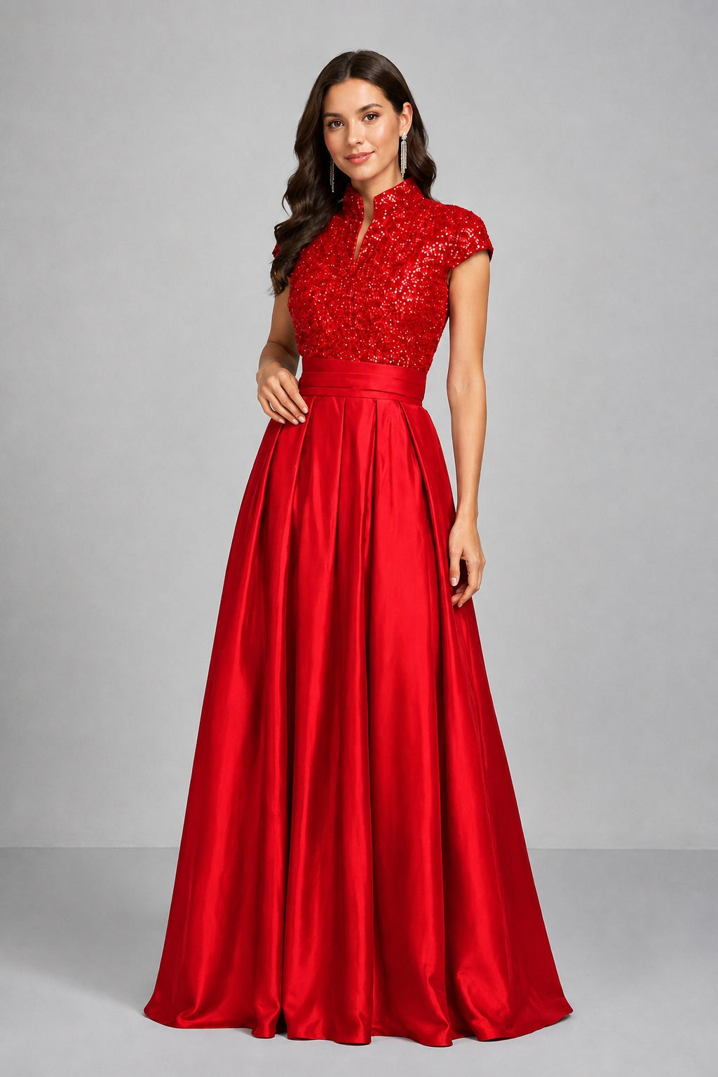BOLODOO Red Sequin Embroidered High Neck Cap Sleeve A-Line Ball Gown – Formal Evening Dress - Red