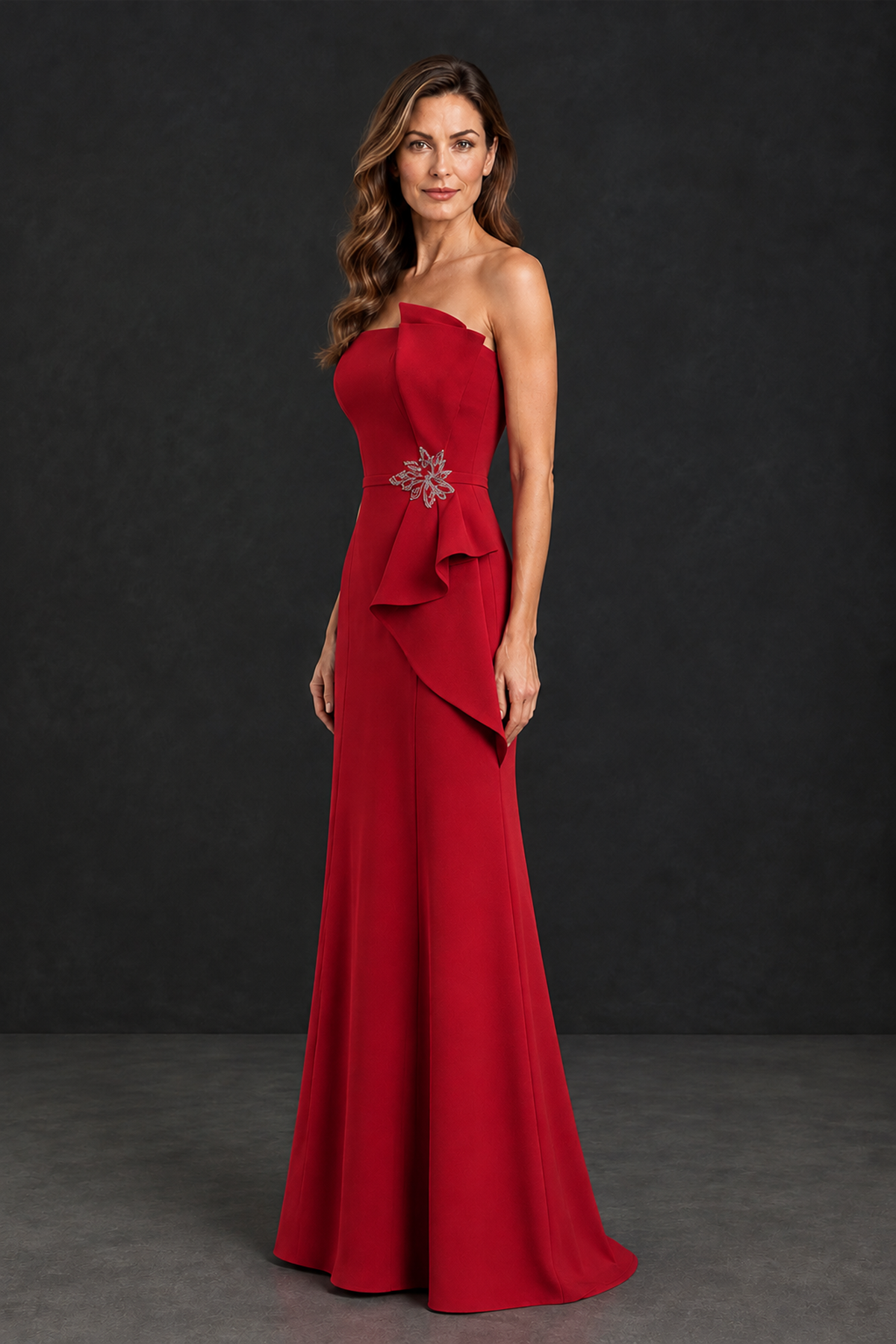 BOLODOO Red Strapless Mother of the Bride Dress with Ruffle Detail - Red - Red_3