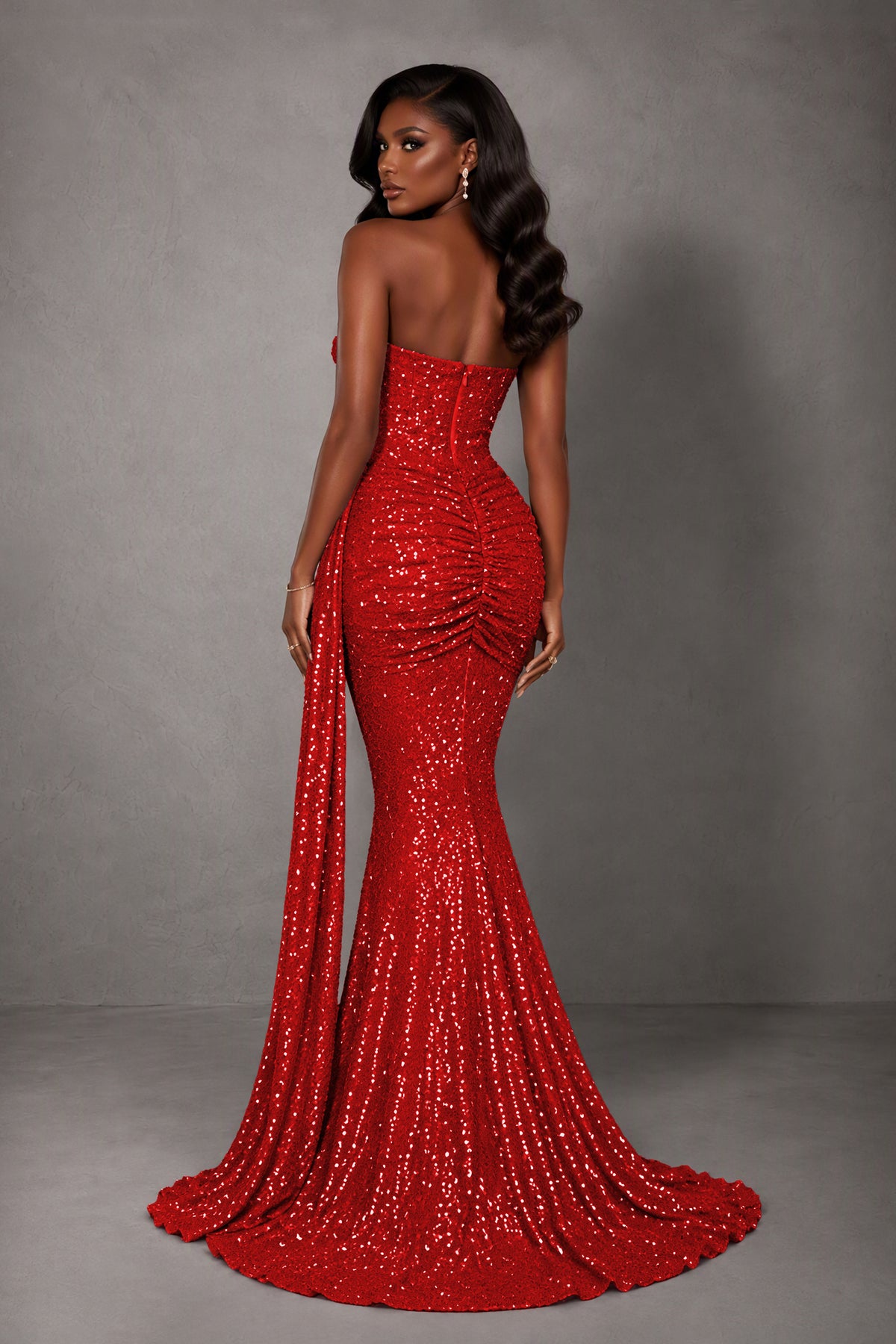 BOLODOO Red Sequin Strapless Corset Mermaid Evening Gown with Train - Red