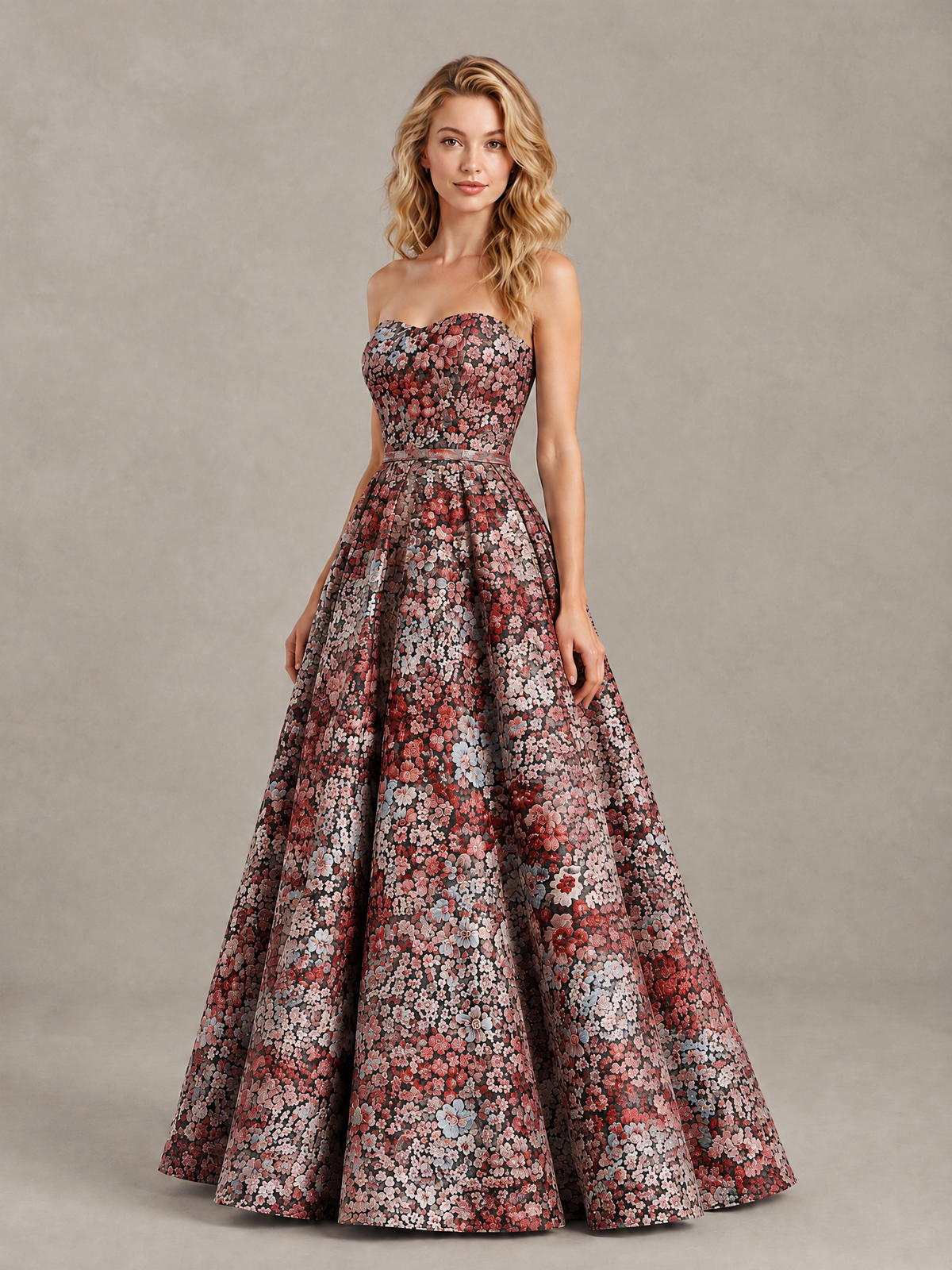 BOLODOO Red Grey Floral Strapless A-Line Evening Gown - Red - Red(3)