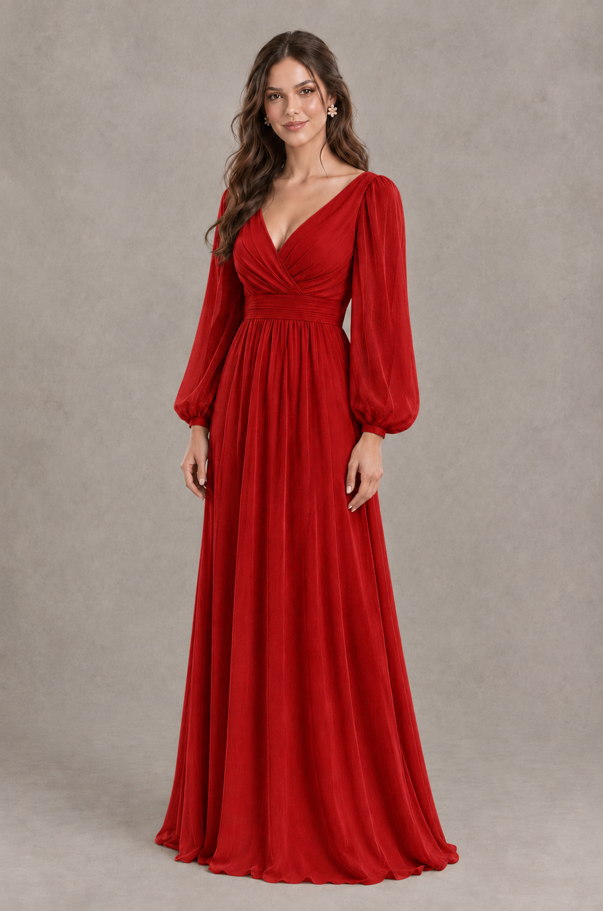 BOLODOO Red Long Sleeve V-Neck A-Line Bridesmaid Dress - Red - Red_3