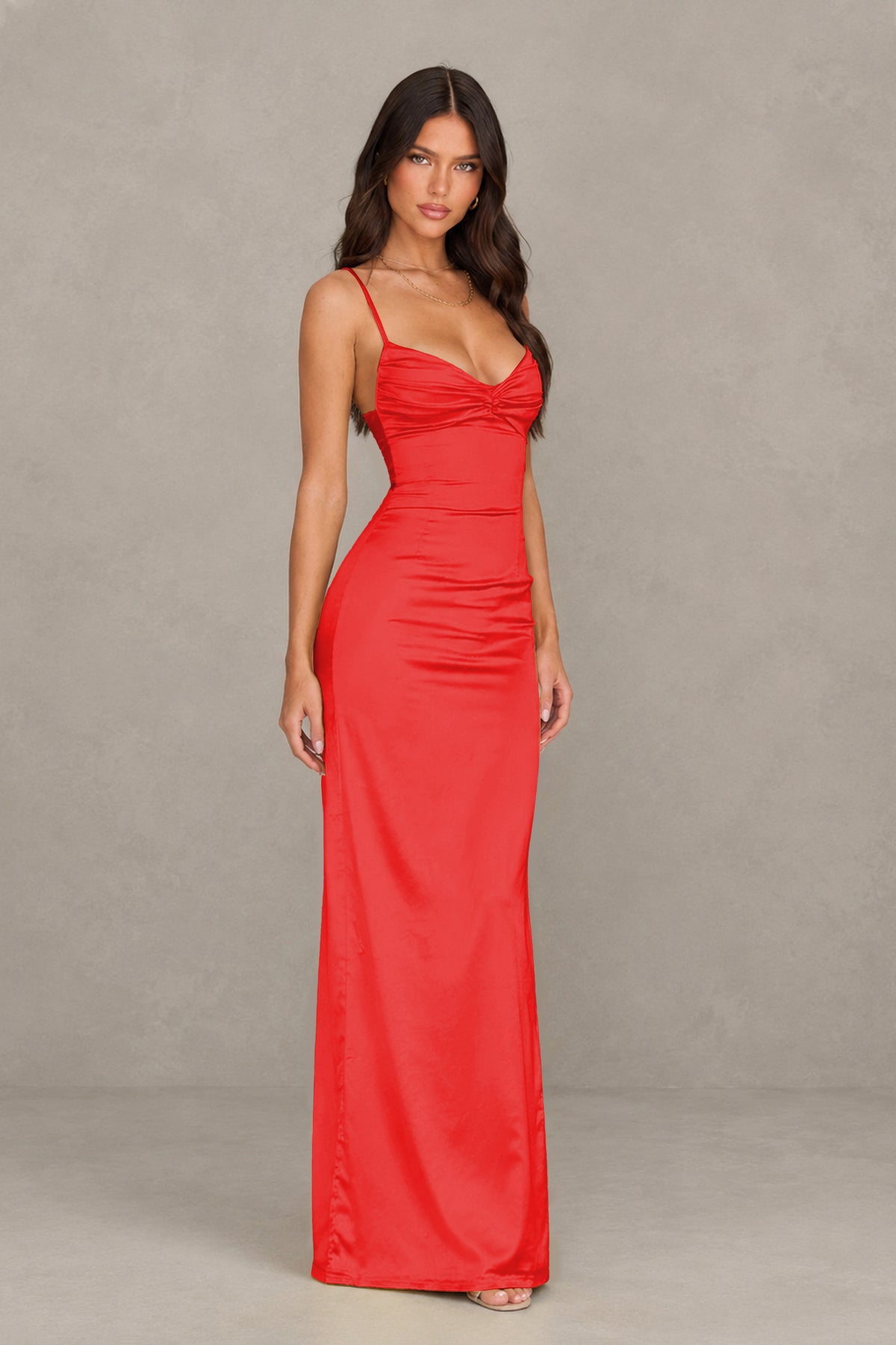 BOLODOO Red Satin Cowl Neck Open Back Mermaid Maxi Dress with Side Slit - Red