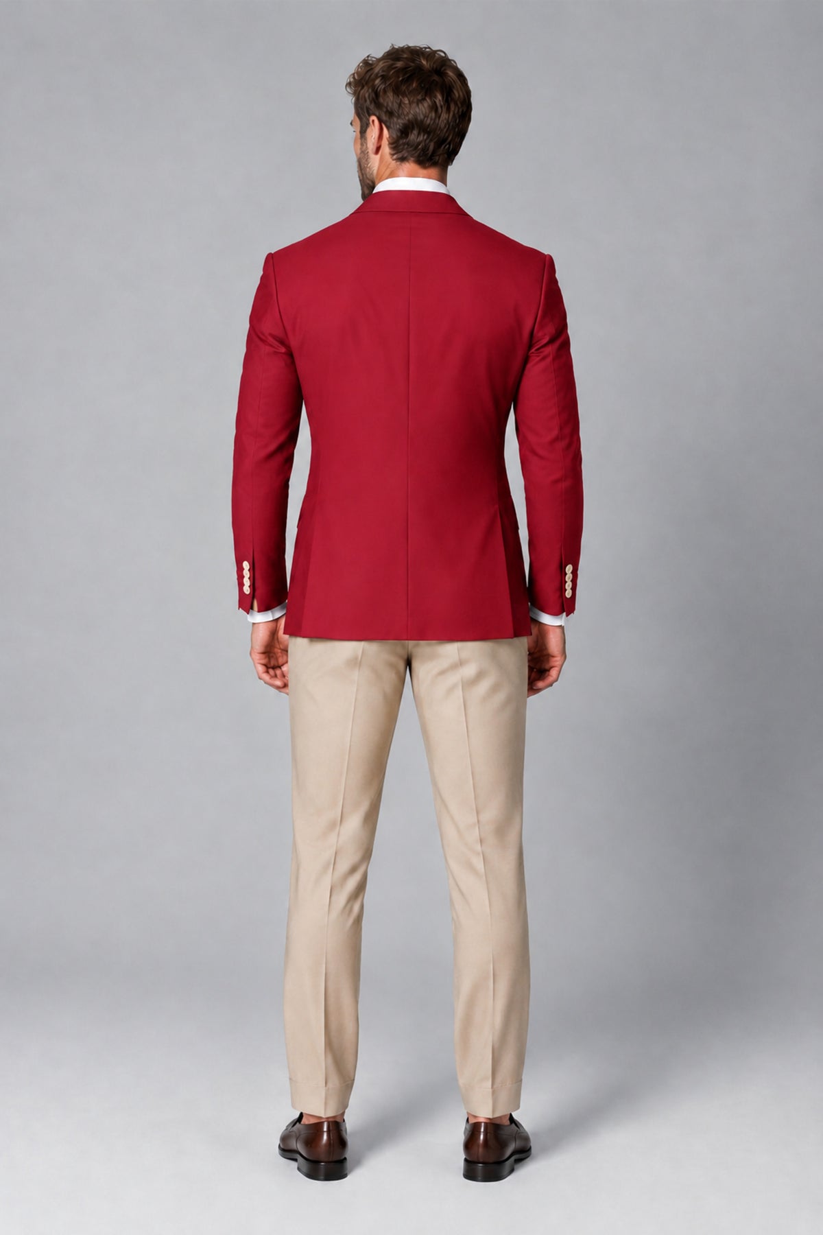 BOLODOO Men's Red Double-Breasted Blazer & Khaki Trousers Tuxedo 2-Piece Suit Set - Red - Red_3