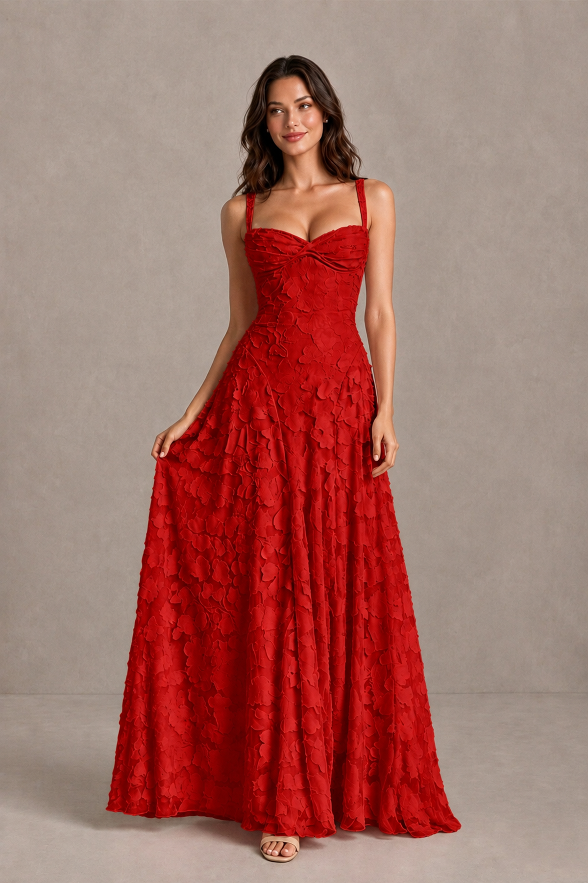 BOLODOO Red Floral-Textured A-Line Dress with Lace-Up Back - Red - Red_3
