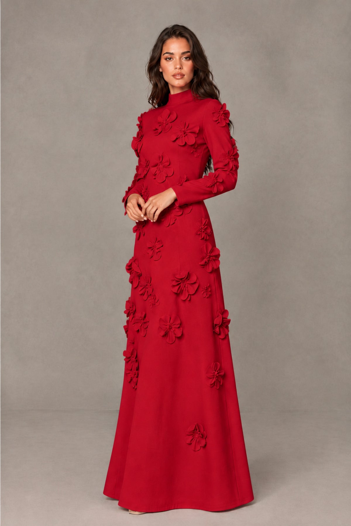 BOLODOO Red High Neck Long Sleeve 3D Floral Evening Gown - Red