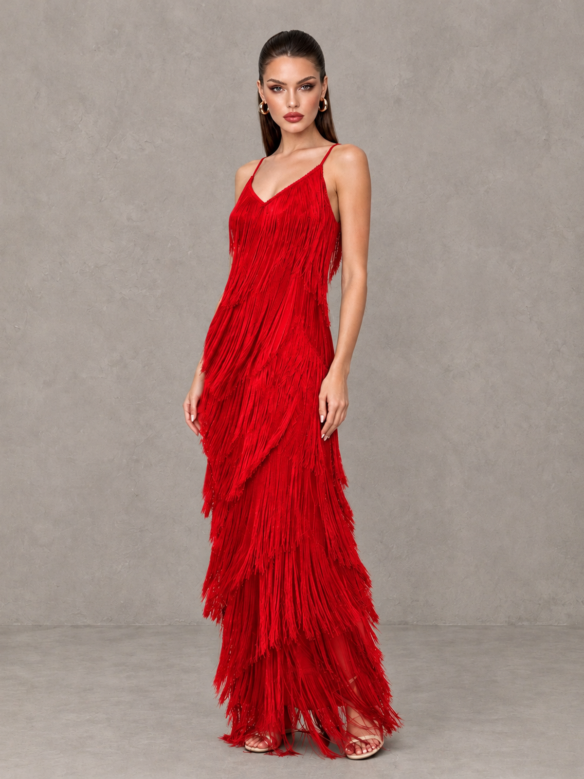 BOLODOO Red V-Neck Spaghetti Strap Fringe Maxi Evening Dress - Red - Red_3