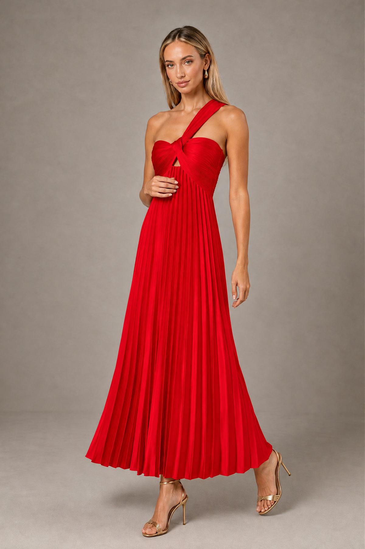 BOLODOO Red One-Shoulder Twist Knot Pleated Satin Midi Dress with Cutout - Red - Red_3