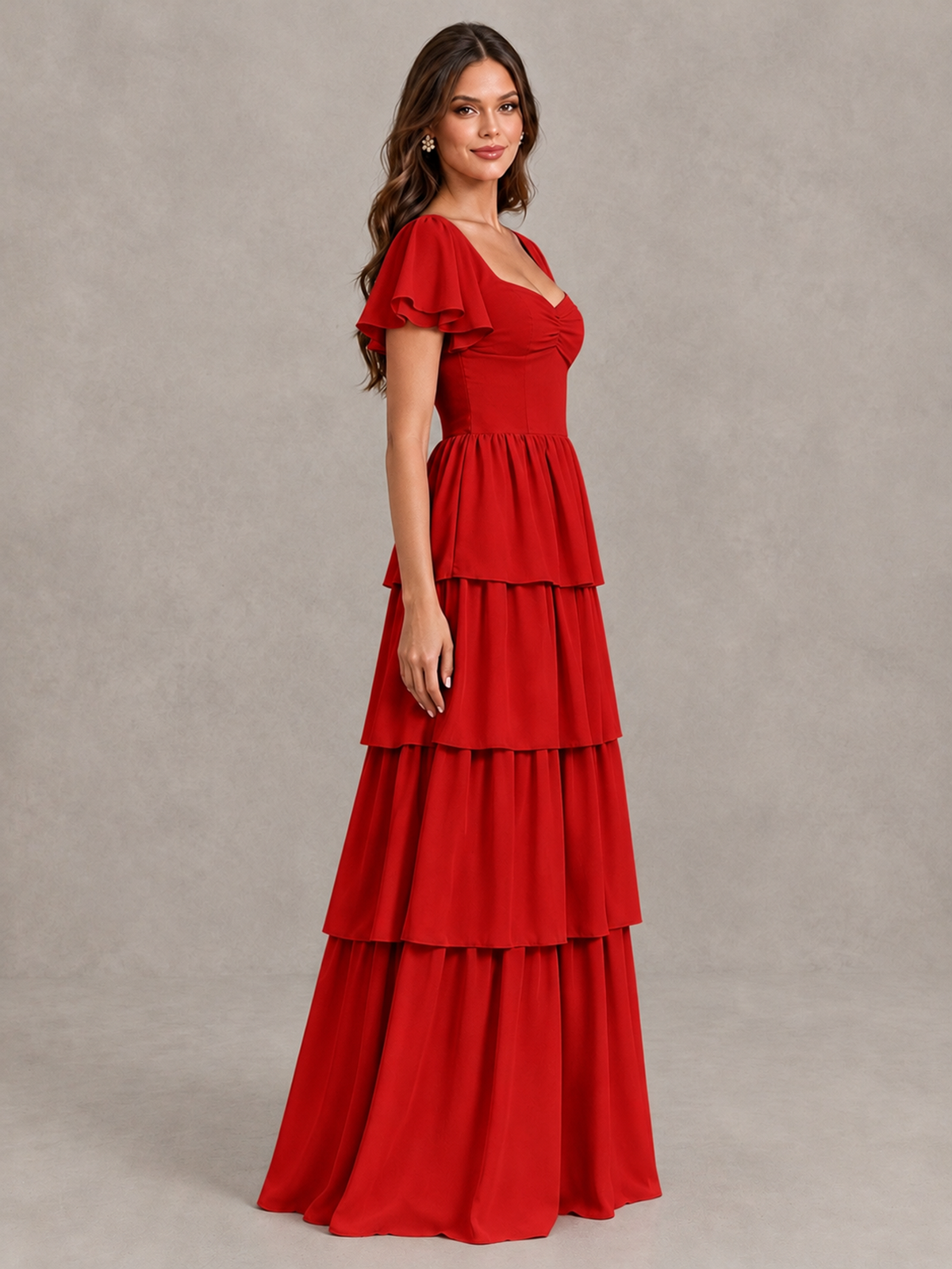 BOLODOO Red Flutter Sleeve Tiered Maxi Bridesmaid Dress - Red - Red_3