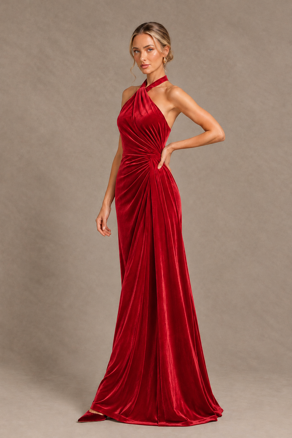 BOLODOO Red Velvet Halter Open-Back Ruched Evening Dress - Red - Red_3